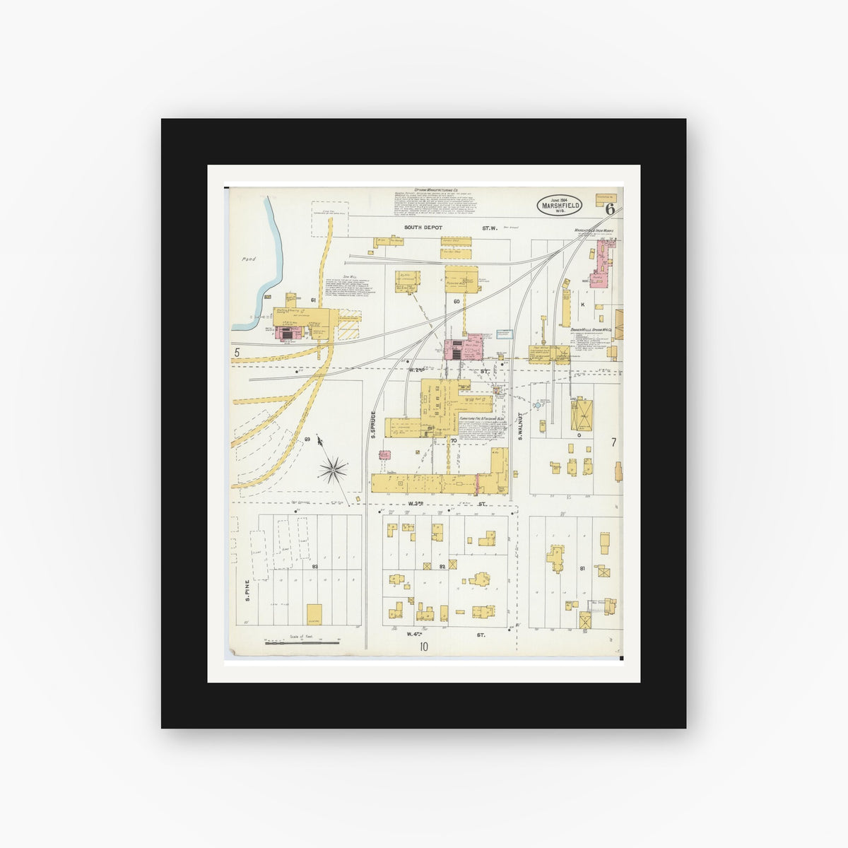 Old map wall art mockup — black gallery frame with white mat — Sanborn Fire Insurance Map from Marshfield, Wood County, Wisconsin (1904), Sheet #0006
