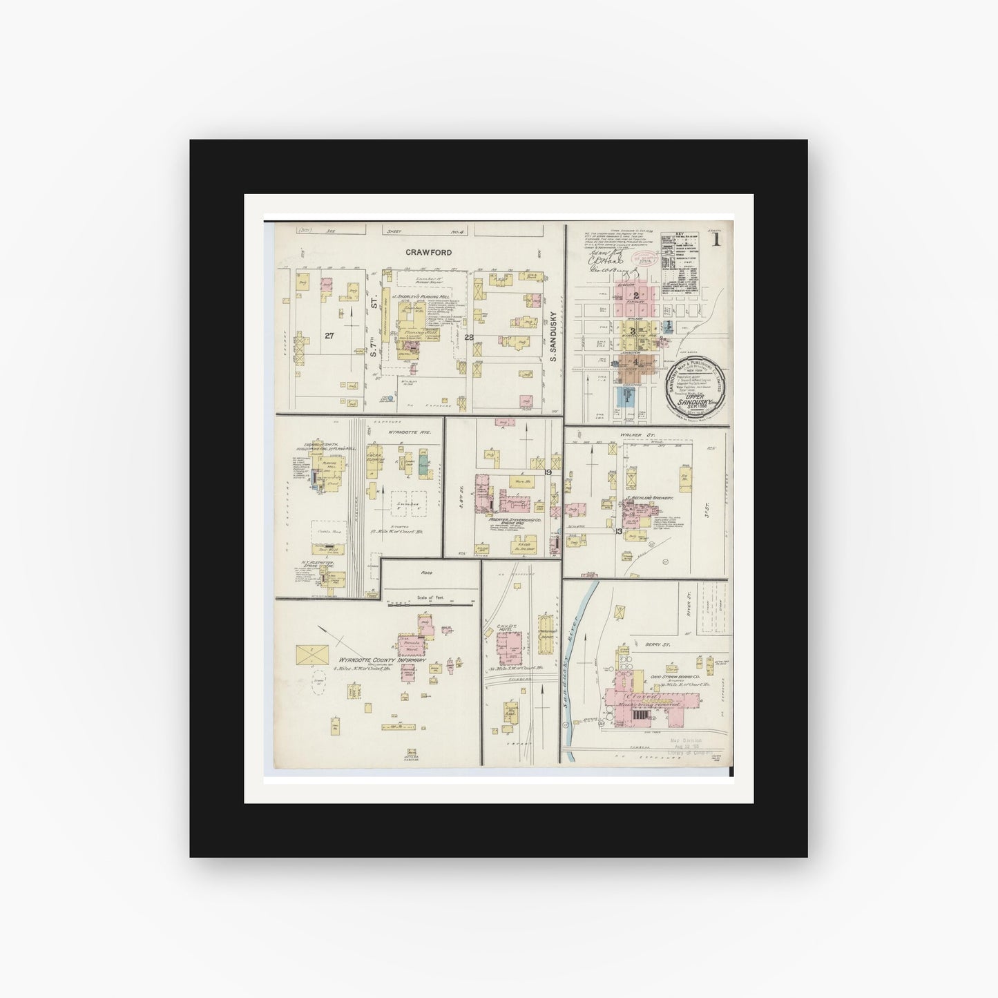 Old map wall art mockup — black gallery frame with white mat — Sanborn Fire Insurance Map from Upper Sandusky, Wyandot County, Ohio (1888), Sheet #0001