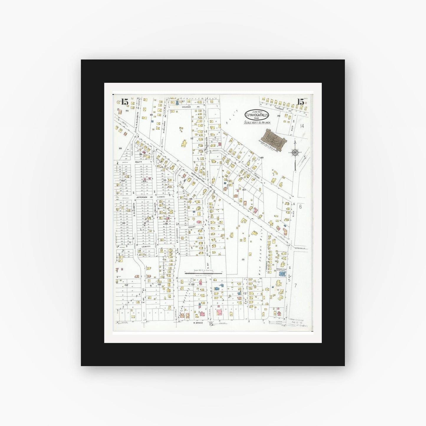 Old map wall art mockup — black gallery frame with white mat — Sanborn Fire Insurance Map from Cuyahoga Falls, Summit County, Ohio (1927), Sheet #0015