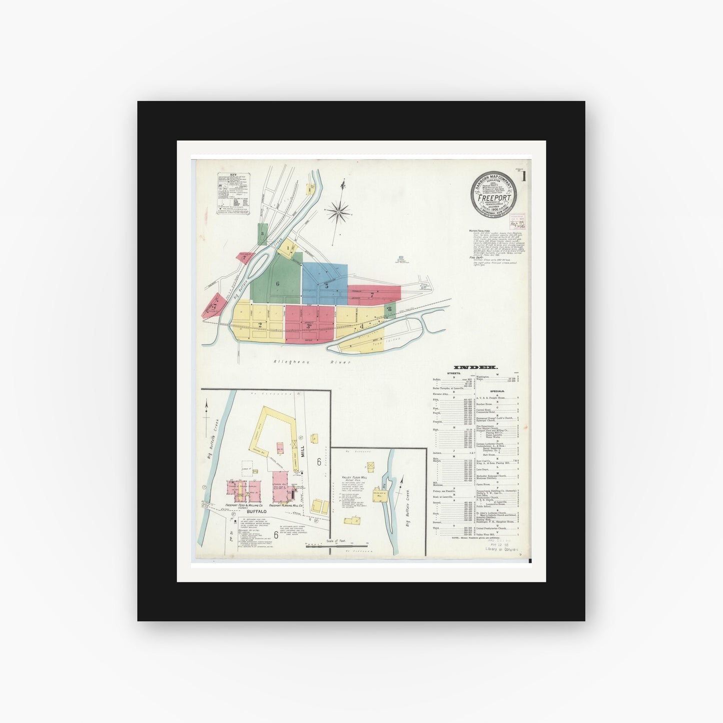 Old map wall art mockup — black gallery frame with white mat — Sanborn Fire Insurance Map from Freeport, Armstrong County, Pennsylvania (1908), Sheet #0001
