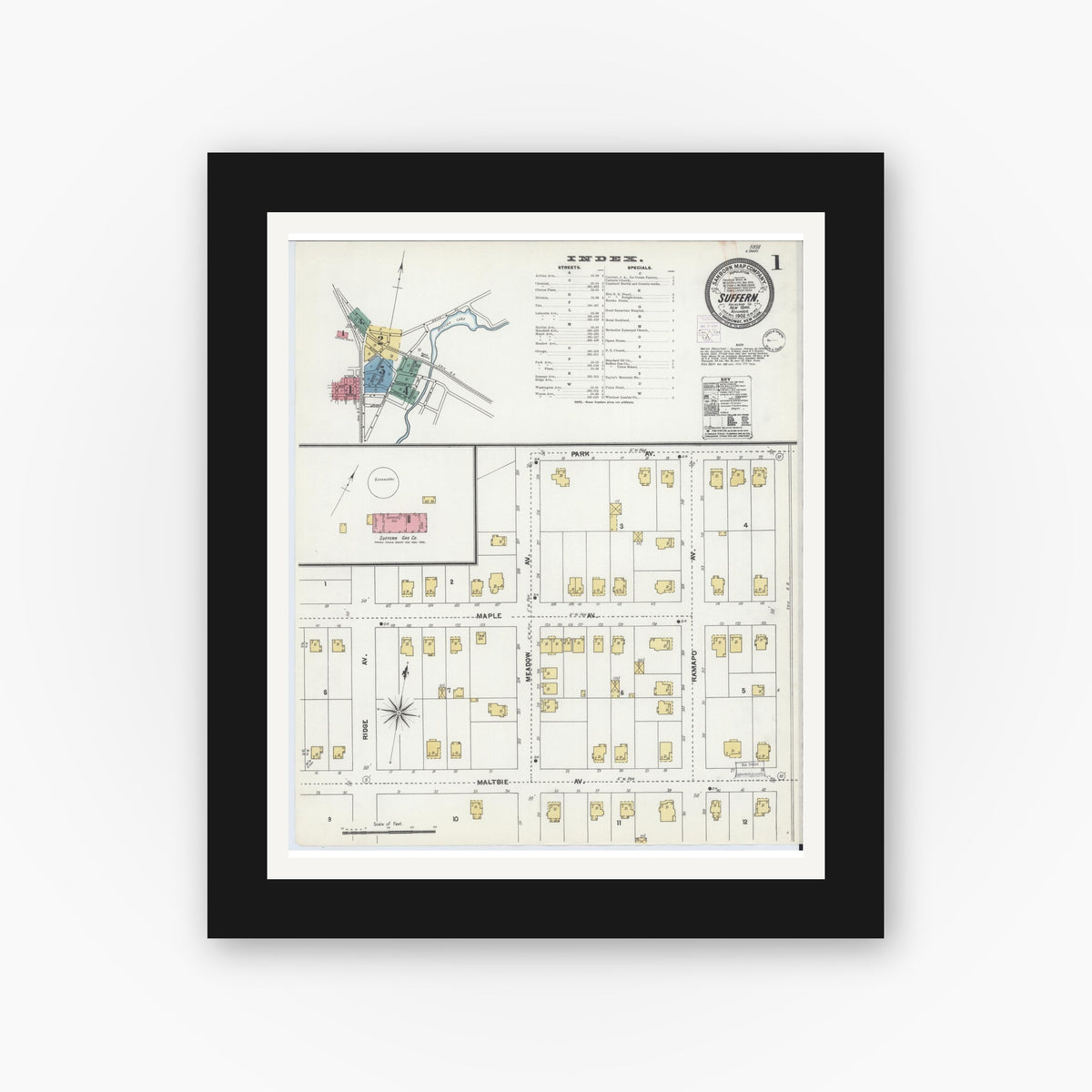 Old map wall art mockup — black gallery frame with white mat — Sanborn Fire Insurance Map from Suffern, Rockland County, New York (1902) - Complete Map Set