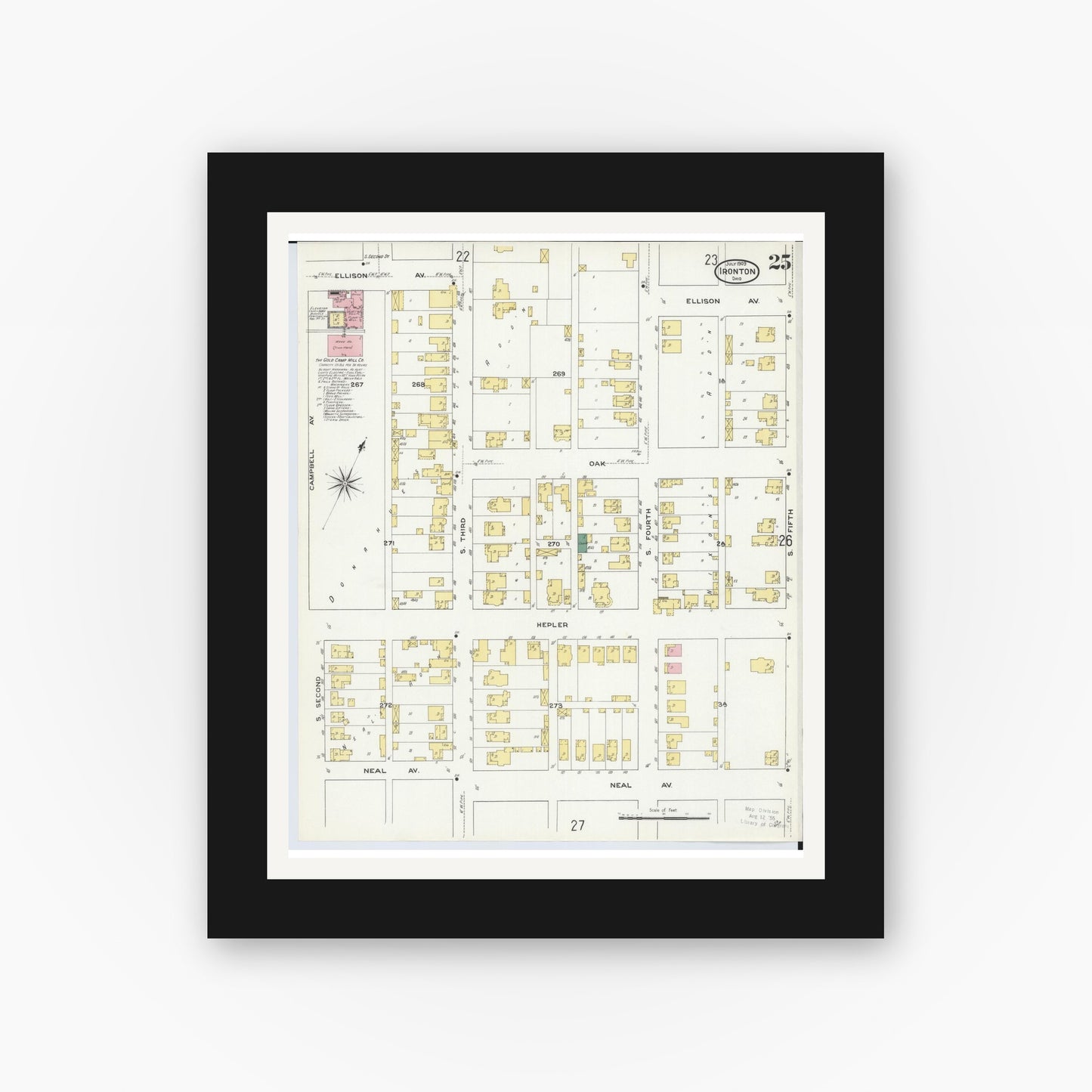 Old map wall art mockup — black gallery frame with white mat — Sanborn Fire Insurance Map from Ironton, Lawrence County, Ohio (1909), Sheet #0025