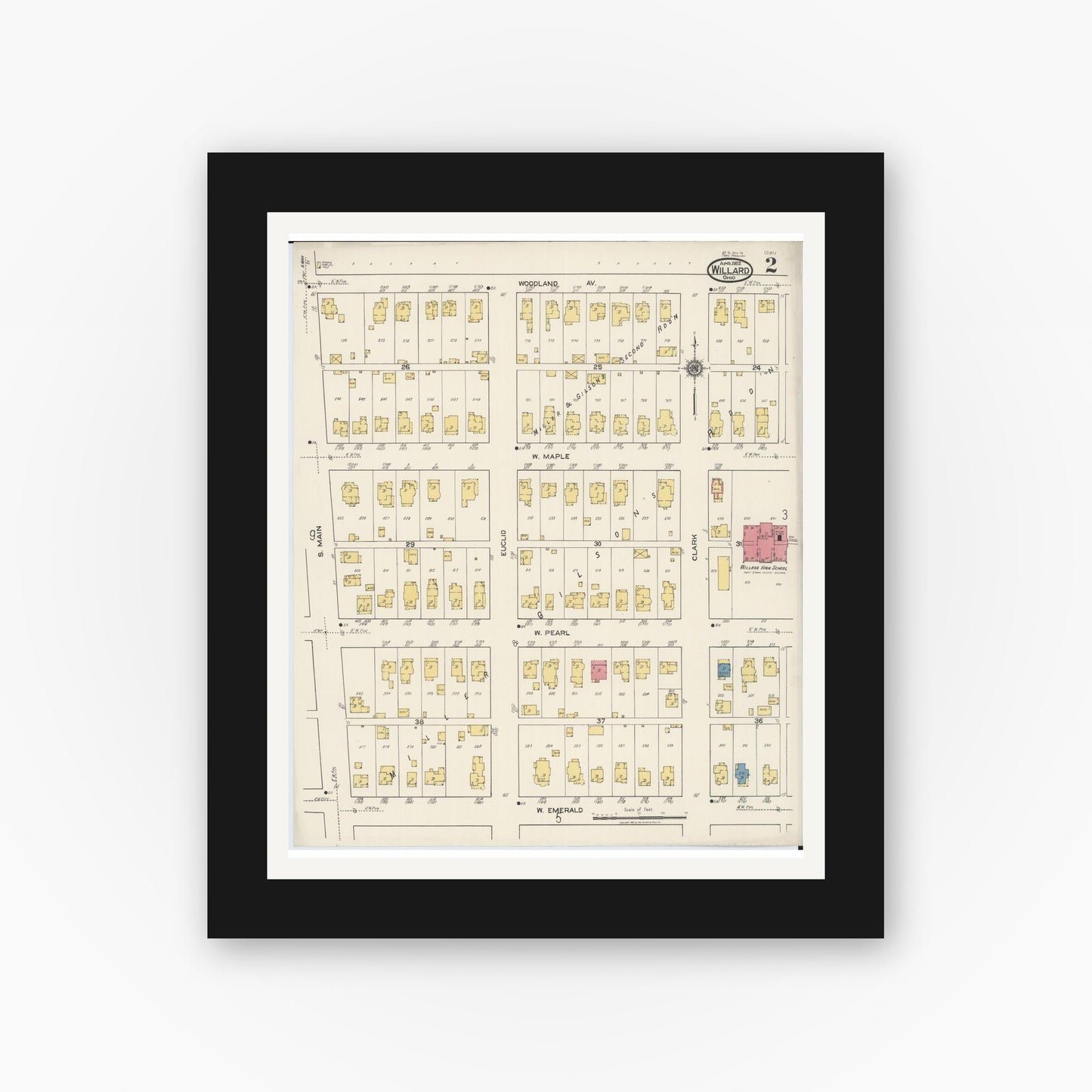 Old map wall art mockup — black gallery frame with white mat — Sanborn Fire Insurance Map from Willard, Huron County, Ohio (1922), Sheet #0002