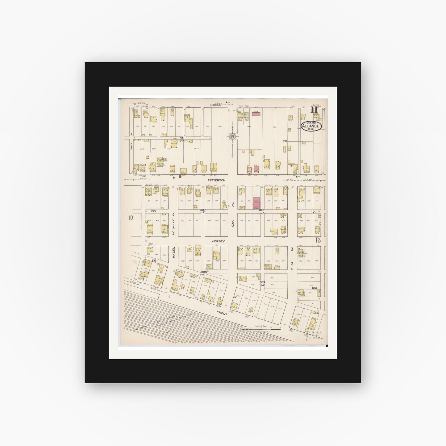 Old map wall art mockup — black gallery frame with white mat — Sanborn Fire Insurance Map from Alliance, Stark County, Ohio (1921), Sheet #0011