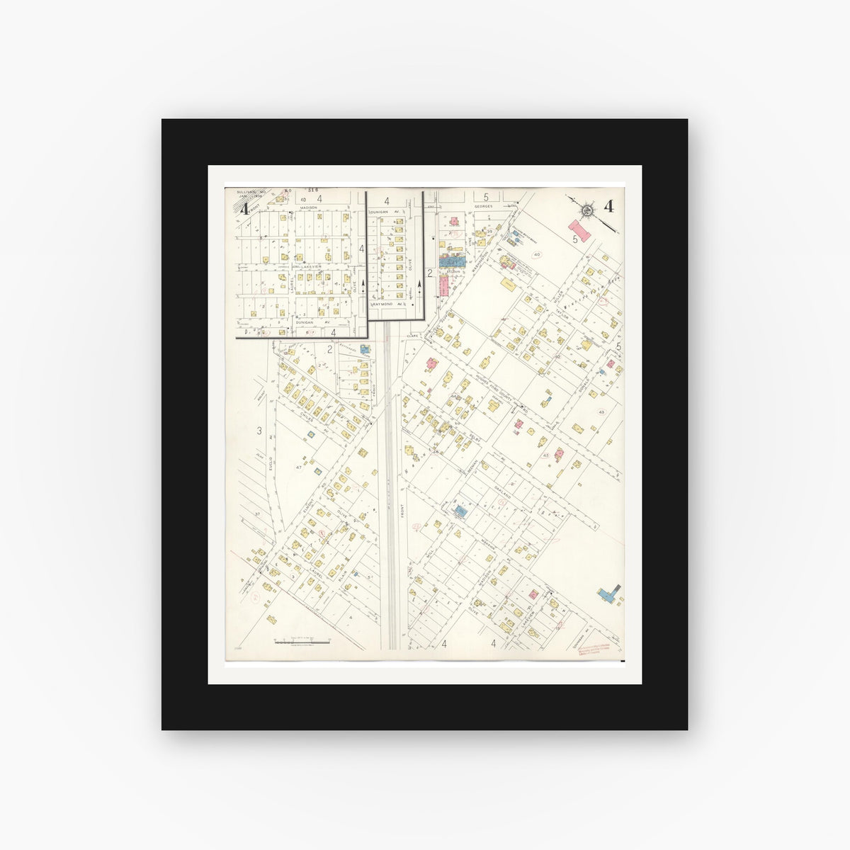 Old map wall art mockup — black gallery frame with white mat — Sanborn Fire Insurance Map from Sullivan, Franklin County, Missouri (1936), Sheet #0004