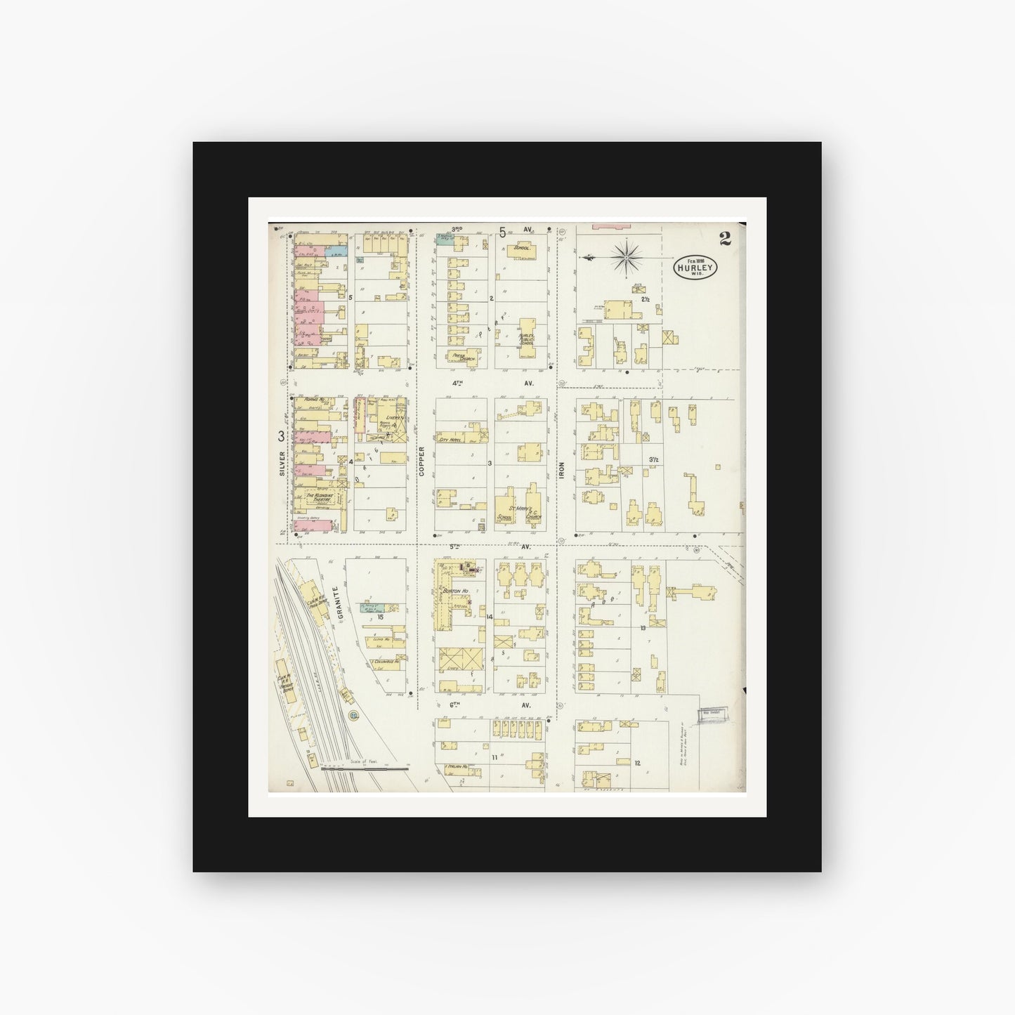 Old map wall art mockup — black gallery frame with white mat — Sanborn Fire Insurance Map from Hurley, Iron County, Wisconsin (1898), Sheet #0002