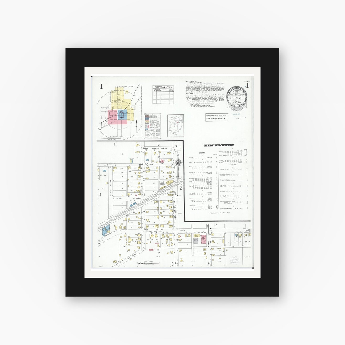 Old map wall art mockup — black gallery frame with white mat — Sanborn Fire Insurance Map from Shreve, Wayne County, Ohio (1950), Sheet #0001