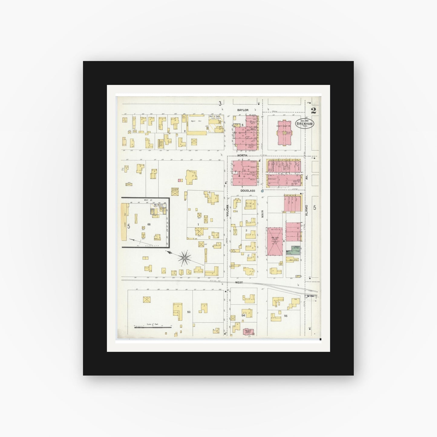 Old map wall art mockup — black gallery frame with white mat — Sanborn Fire Insurance Map from Brenham, Washington County, Texas (1901), Sheet #0002