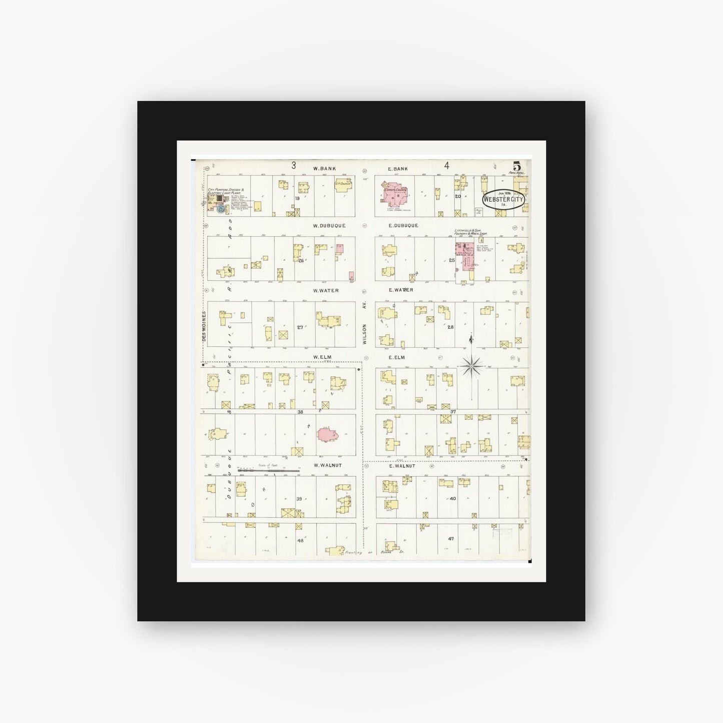 Old map wall art mockup — black gallery frame with white mat — Sanborn Fire Insurance Map from Webster City, Hamilton County, Iowa (1896), Sheet #0005