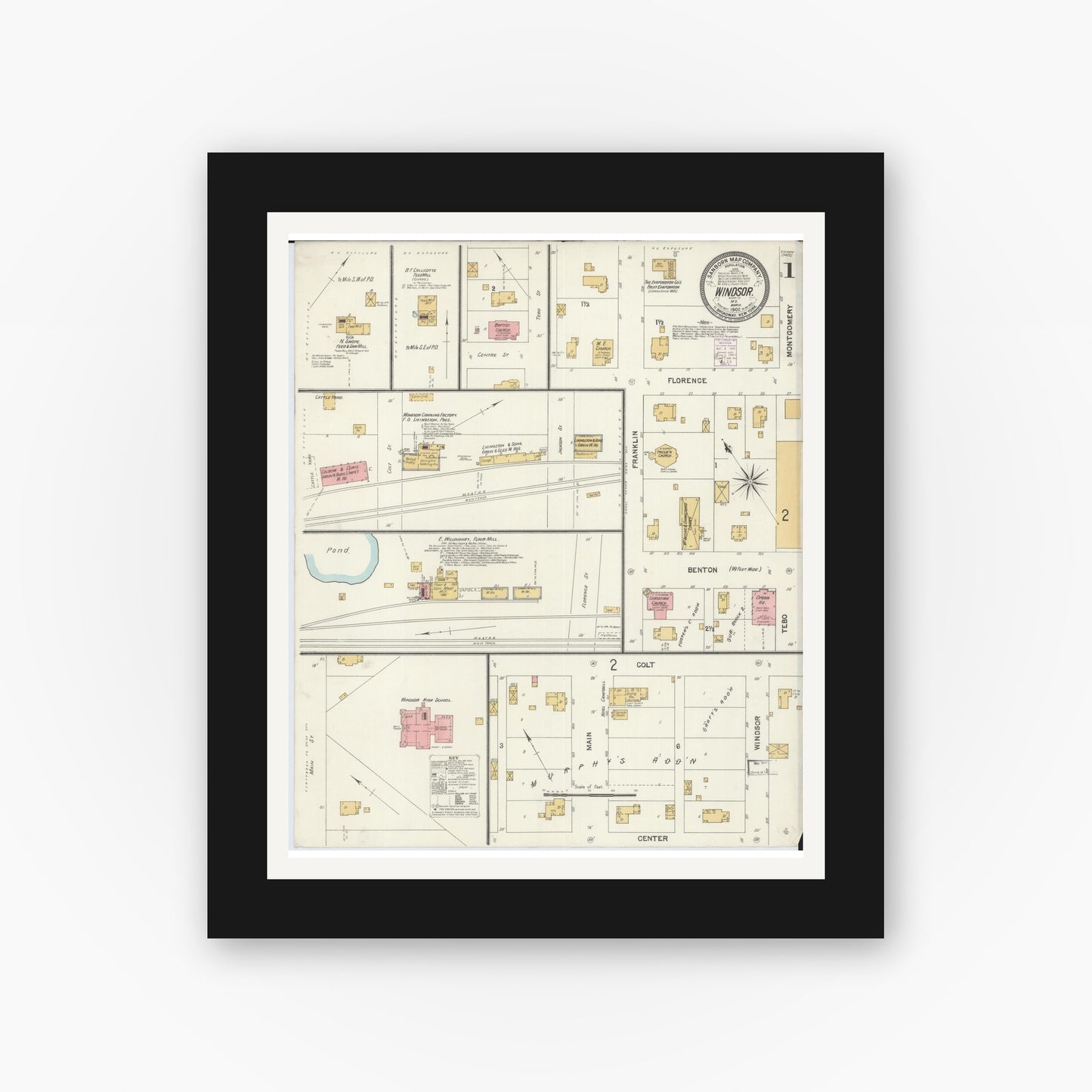 Old map wall art mockup — black gallery frame with white mat — Sanborn Fire Insurance Map from Windsor, Henry County, Missouri (1902) - Complete Map Set