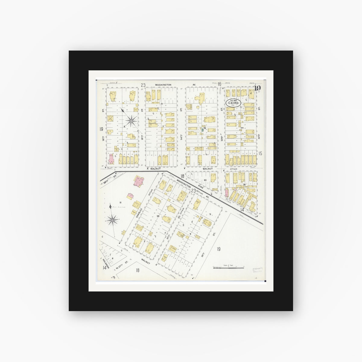 Old map wall art mockup — black gallery frame with white mat — Sanborn Fire Insurance Map from Cairo, Alexander County, Illinois (1907), Sheet #0019