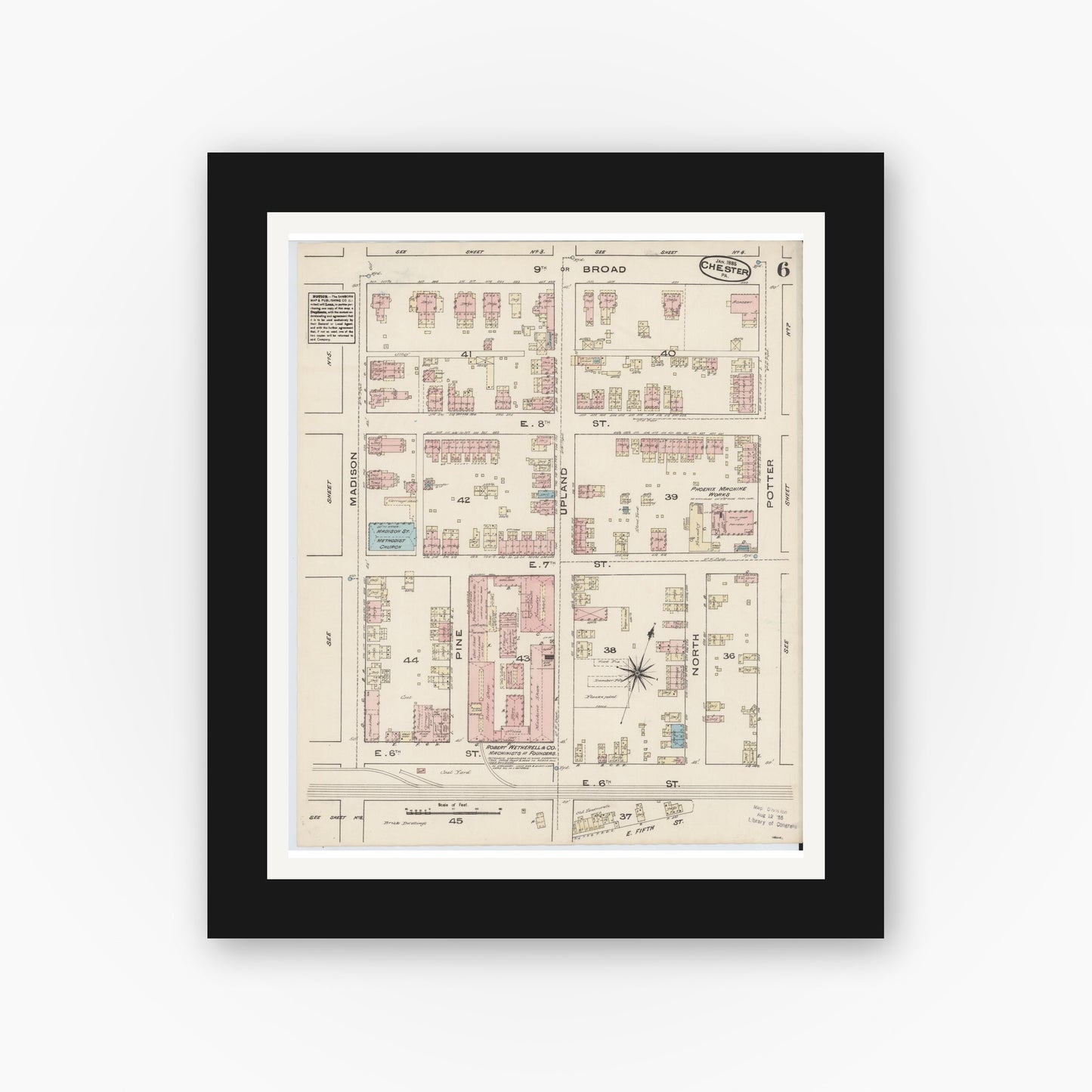 Old map wall art mockup — black gallery frame with white mat — Sanborn Fire Insurance Map from Chester, Delaware County, Pennsylvania (1885), Sheet #0006