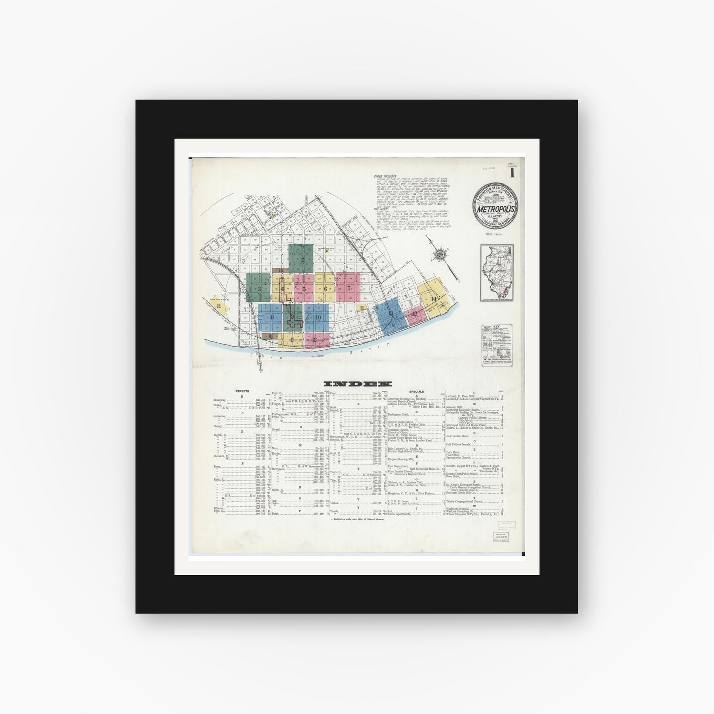 Old map wall art mockup — black gallery frame with white mat — Sanborn Fire Insurance Map from Metropolis, Massac County, Illinois (1921), Sheet #0001