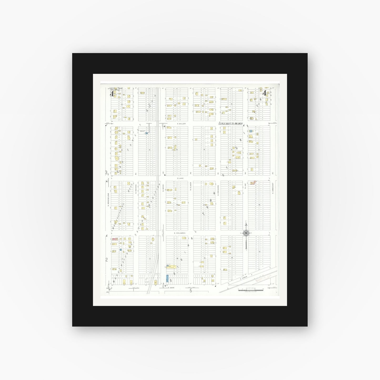 Old map wall art mockup — black gallery frame with white mat — Sanborn Fire Insurance Map from Griffith, Lake County, Indiana (1943), Sheet #0004