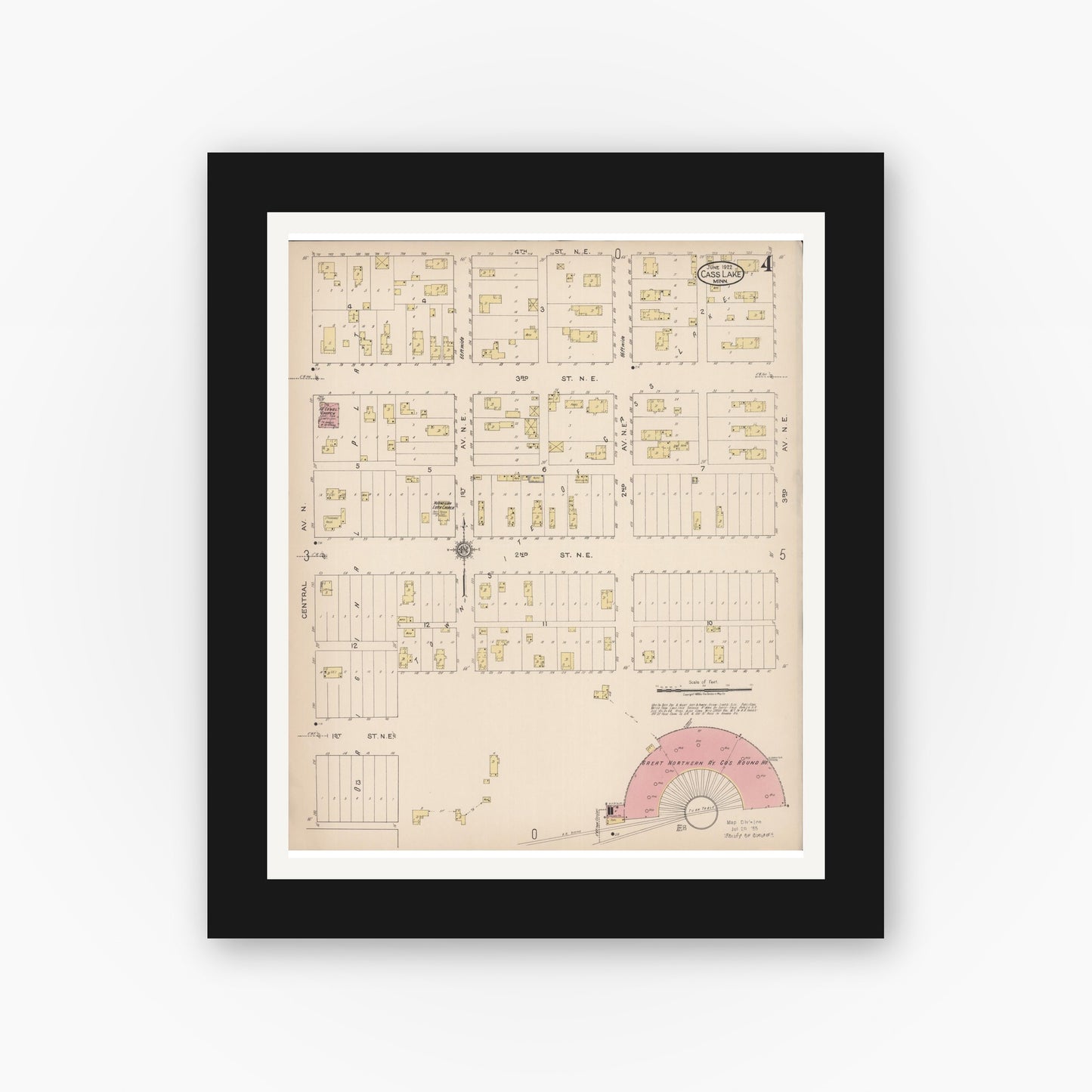 Old map wall art mockup — black gallery frame with white mat — Sanborn Fire Insurance Map from Cass Lake, Cass County, Minnesota (1922), Sheet #0004