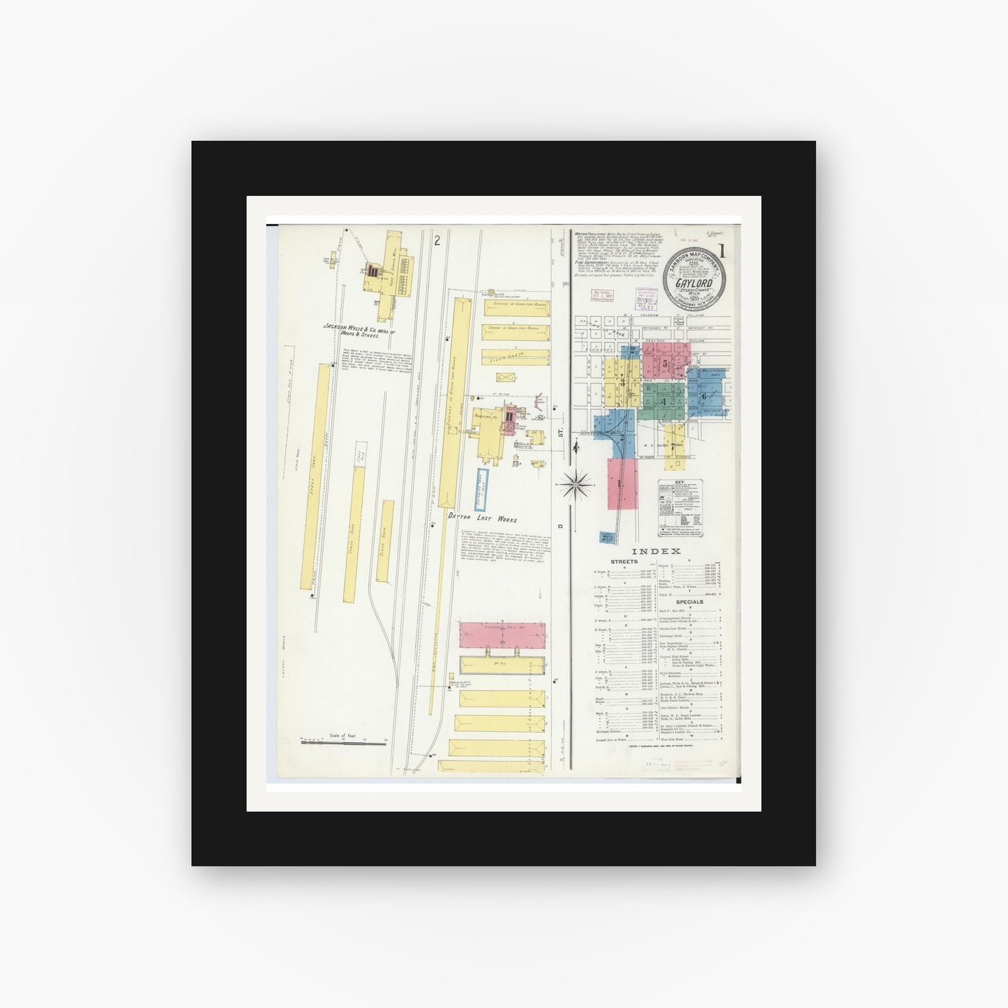 Old map wall art mockup — black gallery frame with white mat — Sanborn Fire Insurance Map from Gaylord, Otsego County, Michigan (1907) - Complete Map Set