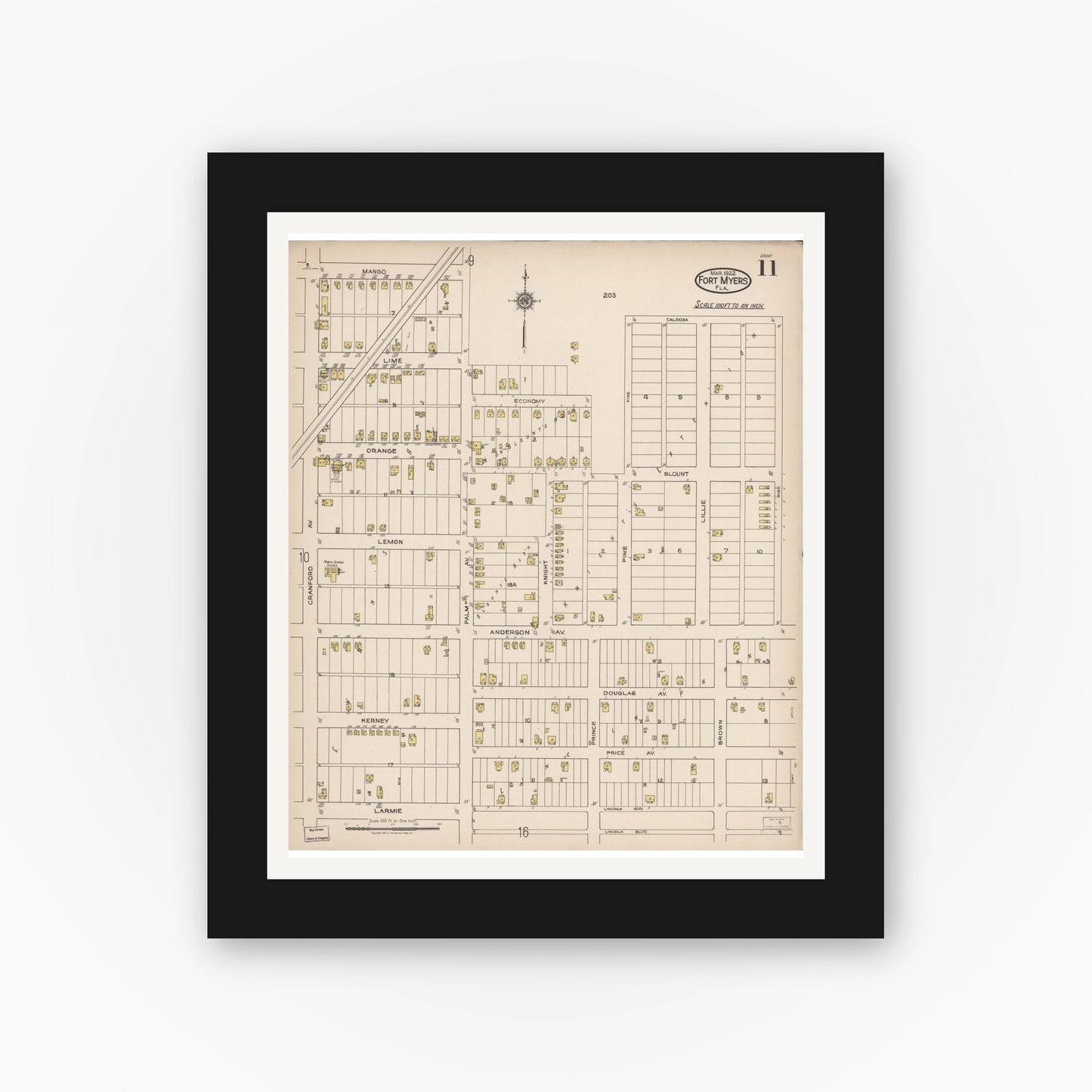 Old map wall art mockup — black gallery frame with white mat — Sanborn Fire Insurance Map from Fort Myers, Lee County, Florida (1922), Sheet #0011