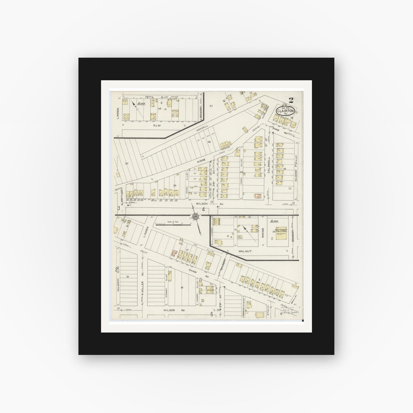 Old map wall art mockup — black gallery frame with white mat — Sanborn Fire Insurance Map from Clairton, Allegheny County, Pennsylvania (1915), Sheet #0002
