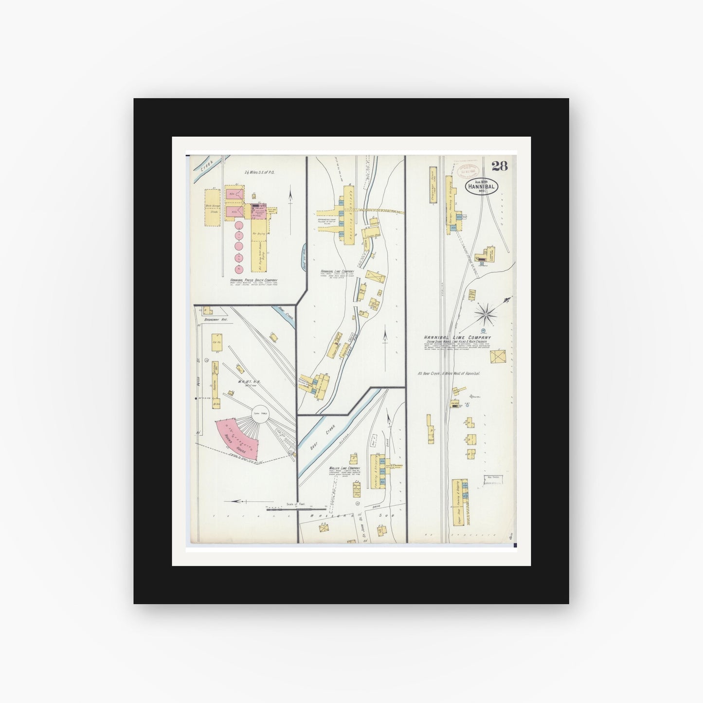 Old map wall art mockup — black gallery frame with white mat — Sanborn Fire Insurance Map from Hannibal, Marion County, Missouri (1899), Sheet #0028