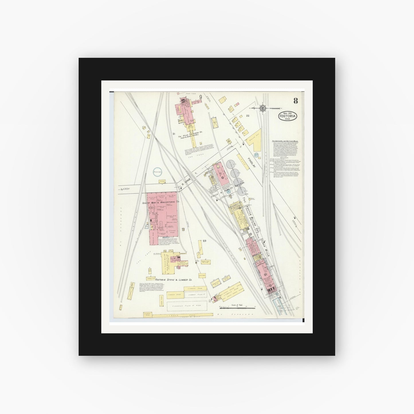Old map wall art mockup — black gallery frame with white mat — Sanborn Fire Insurance Map from Fostoria, Seneca, Hancock, And Wood Counties, Ohio (1914), Sheet #0008