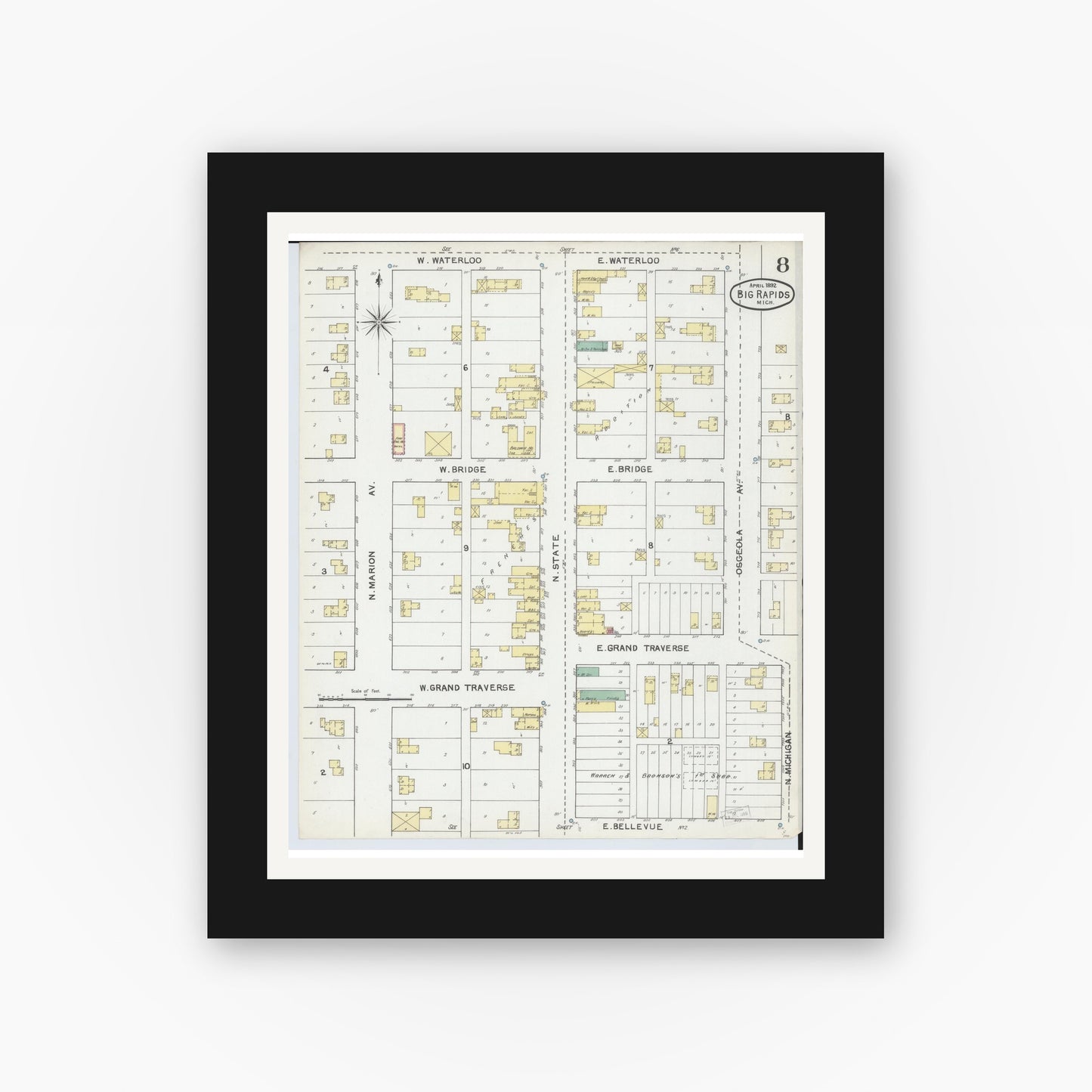 Old map wall art mockup — black gallery frame with white mat — Sanborn Fire Insurance Map from Big Rapids, Mecosta County, Michigan (1892), Sheet #0008