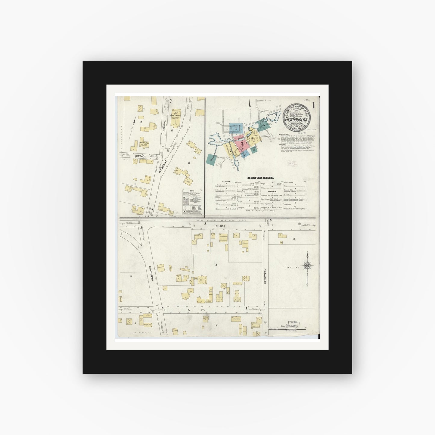 Old map wall art mockup — black gallery frame with white mat — Sanborn Fire Insurance Map from East Douglas, Worcester County, Massachusetts (1911), Sheet #0001