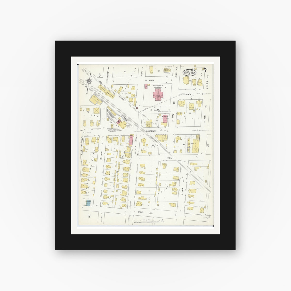 Old map wall art mockup — black gallery frame with white mat — Sanborn Fire Insurance Map from Mount Vernon, Jefferson County, Illinois (1913), Sheet #0007