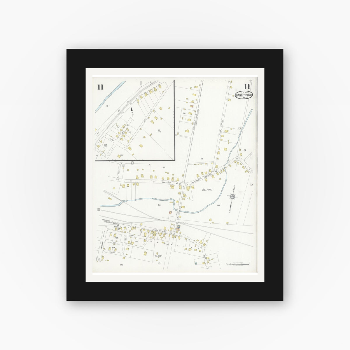 Old map wall art mockup — black gallery frame with white mat — Sanborn Fire Insurance Map from Barnesboro, Cambria County, Pennsylvania (1930), Sheet #0011