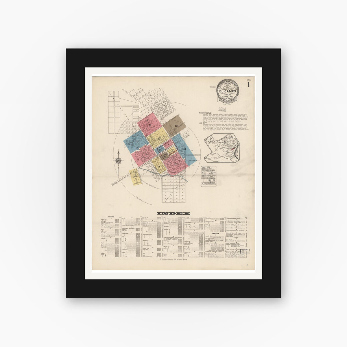 Old map wall art mockup — black gallery frame with white mat — Sanborn Fire Insurance Map from El Campo, Wharton County, Texas (1922) - Complete Map Set