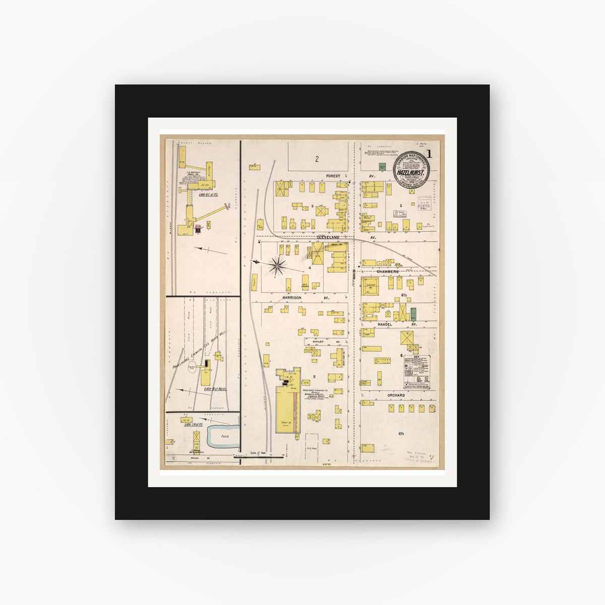 Old map wall art mockup — black gallery frame with white mat — Sanborn Fire Insurance Map from Hazelhurst, McKean County, Pennsylvania (1903), Sheet #0001