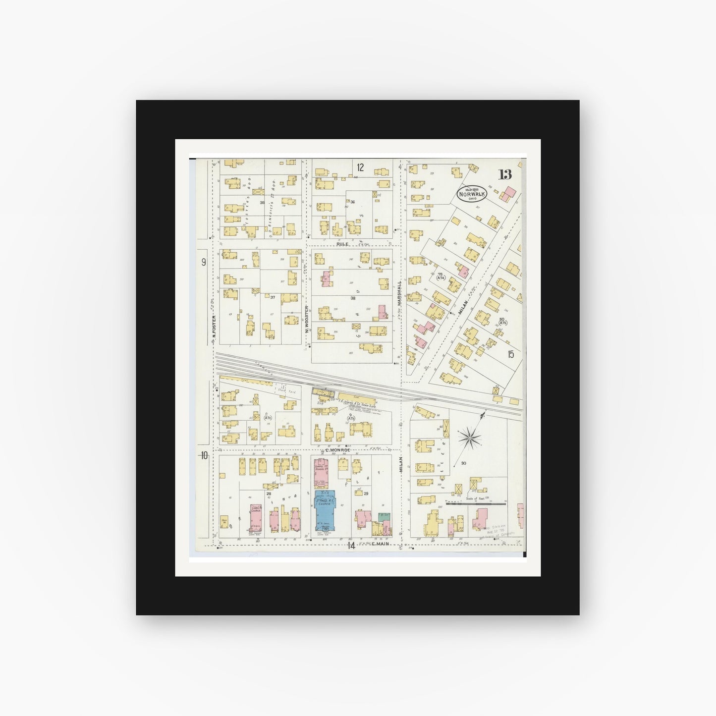 Old map wall art mockup — black gallery frame with white mat — Sanborn Fire Insurance Map from Norwalk, Huron County, Ohio (1906), Sheet #0013