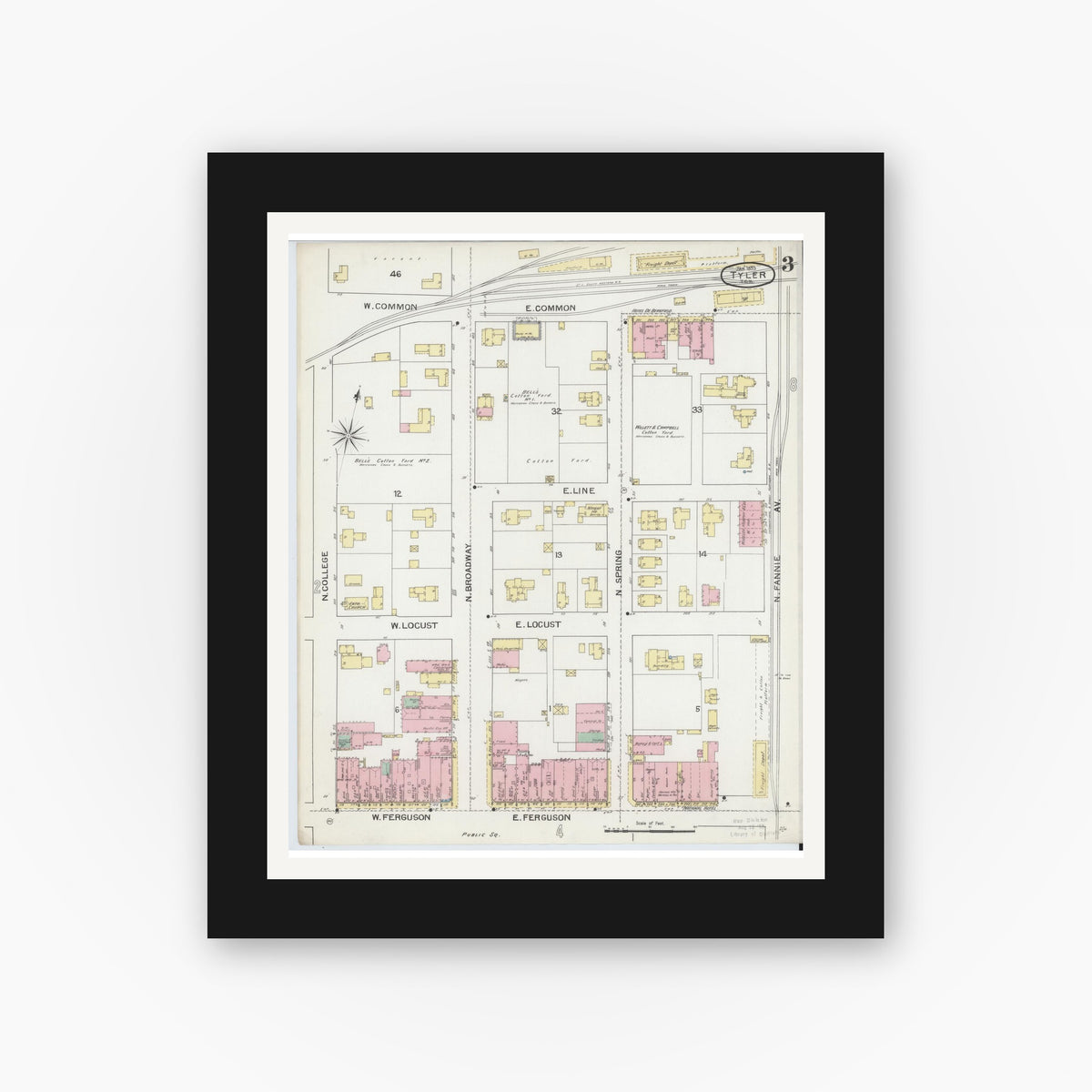 Old map wall art mockup — black gallery frame with white mat — Sanborn Fire Insurance Map from Tyler, Smith County, Texas (1893), Sheet #0003