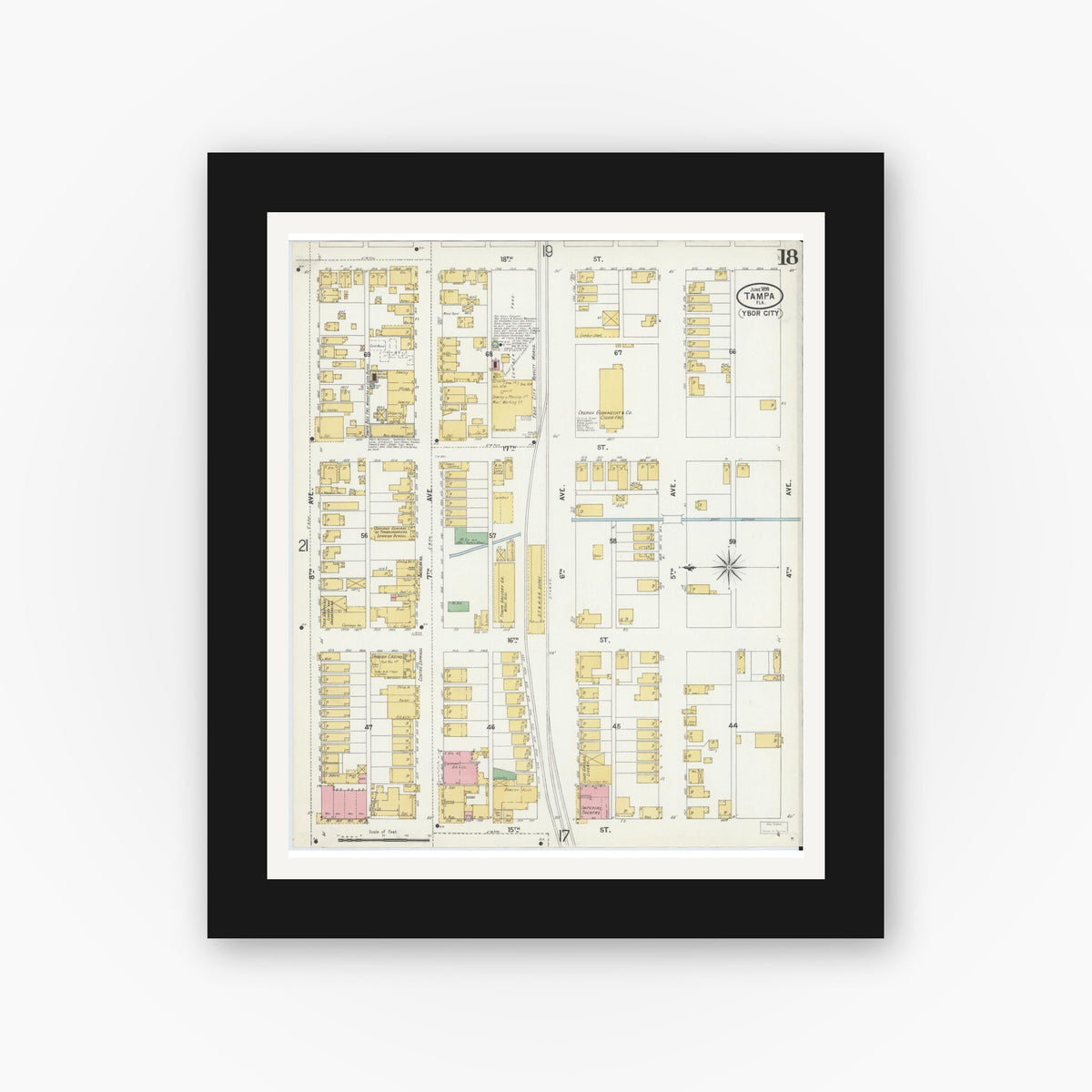 Old map wall art mockup — black gallery frame with white mat — Sanborn Fire Insurance Map from Tampa, Hillsborough County, Florida (1899), Sheet #0018