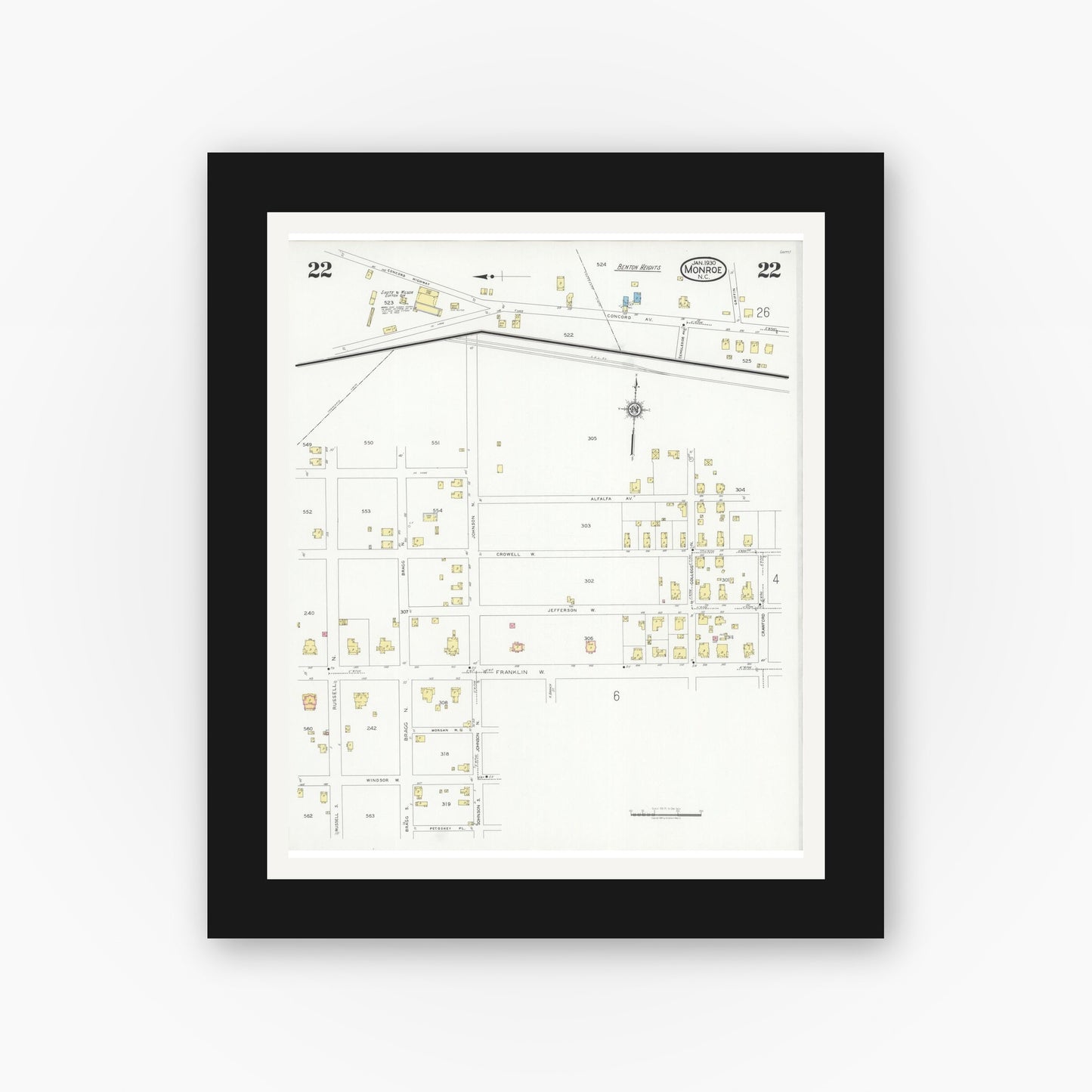Old map wall art mockup — black gallery frame with white mat — Sanborn Fire Insurance Map from Monroe, Union County, North Carolina (1930), Sheet #0022