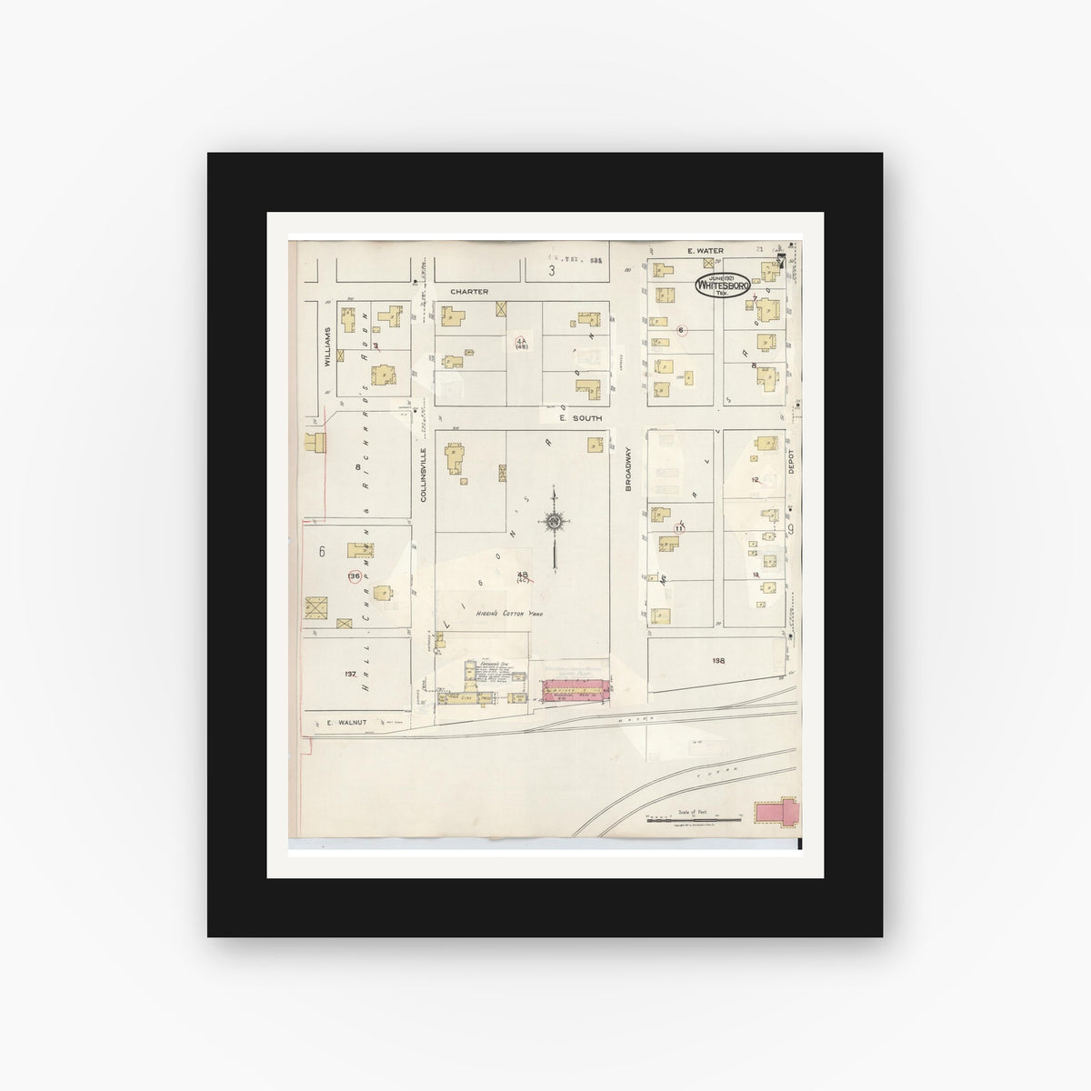Old map wall art mockup — black gallery frame with white mat — Sanborn Fire Insurance Map from Whitesboro, Grayson County, Texas (1943), Sheet #0007