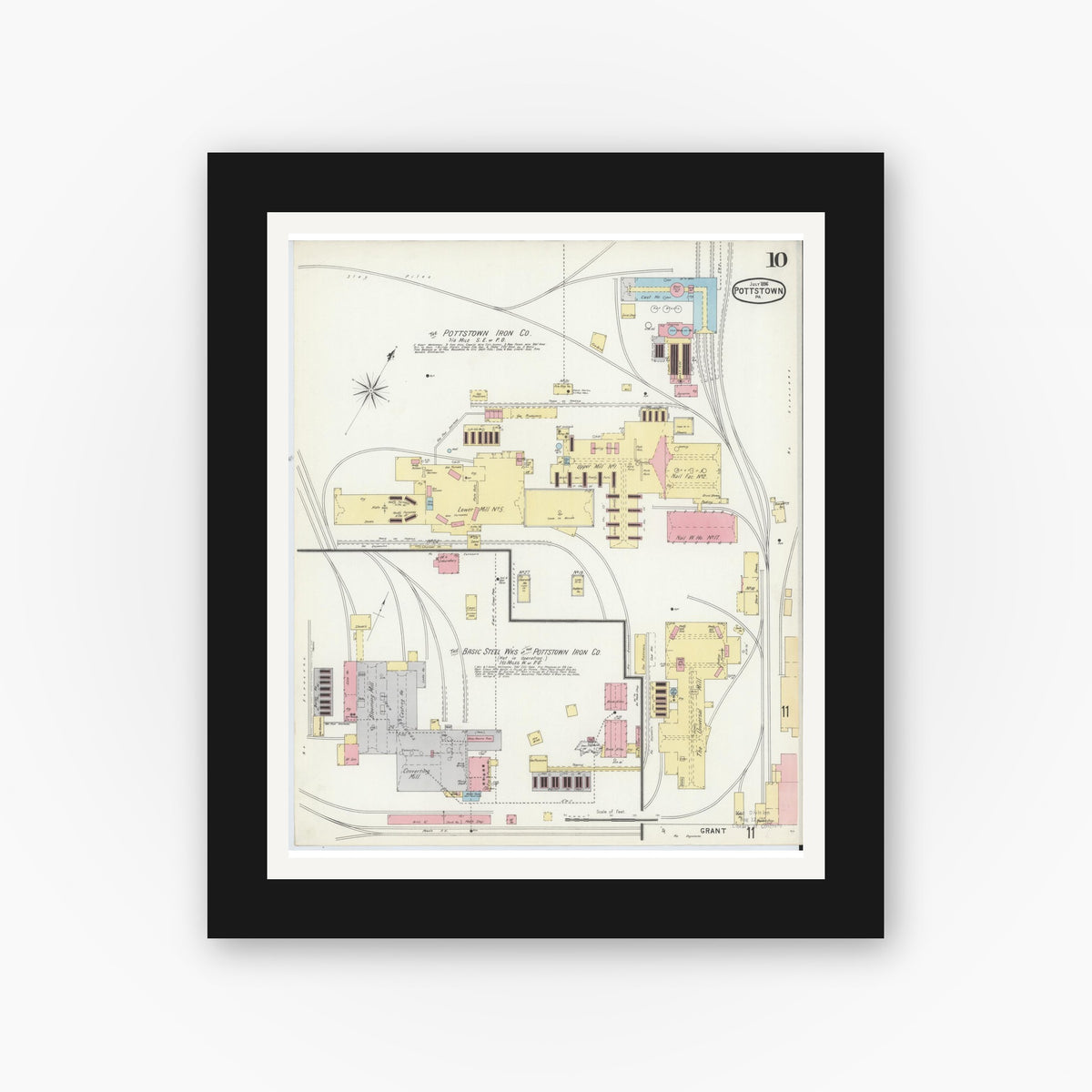 Old map wall art mockup — black gallery frame with white mat — Sanborn Fire Insurance Map from Pottstown, Montgomery County, Pennsylvania (1896), Sheet #0010