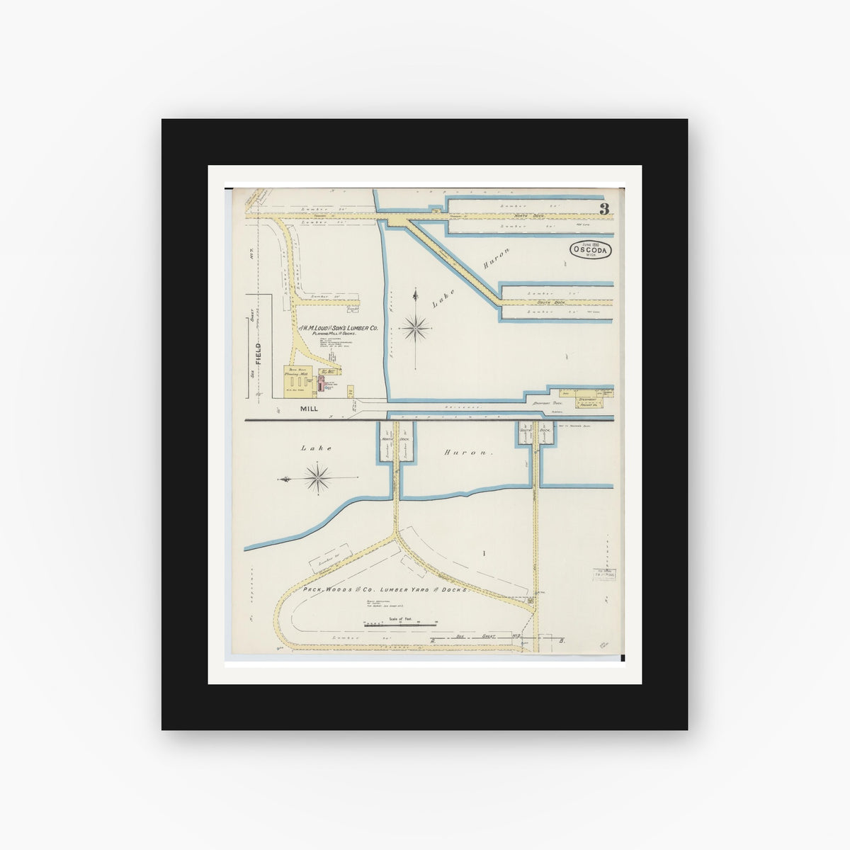 Old map wall art mockup — black gallery frame with white mat — Sanborn Fire Insurance Map from Oscoda, Iosco County, Michigan (1890), Sheet #0003