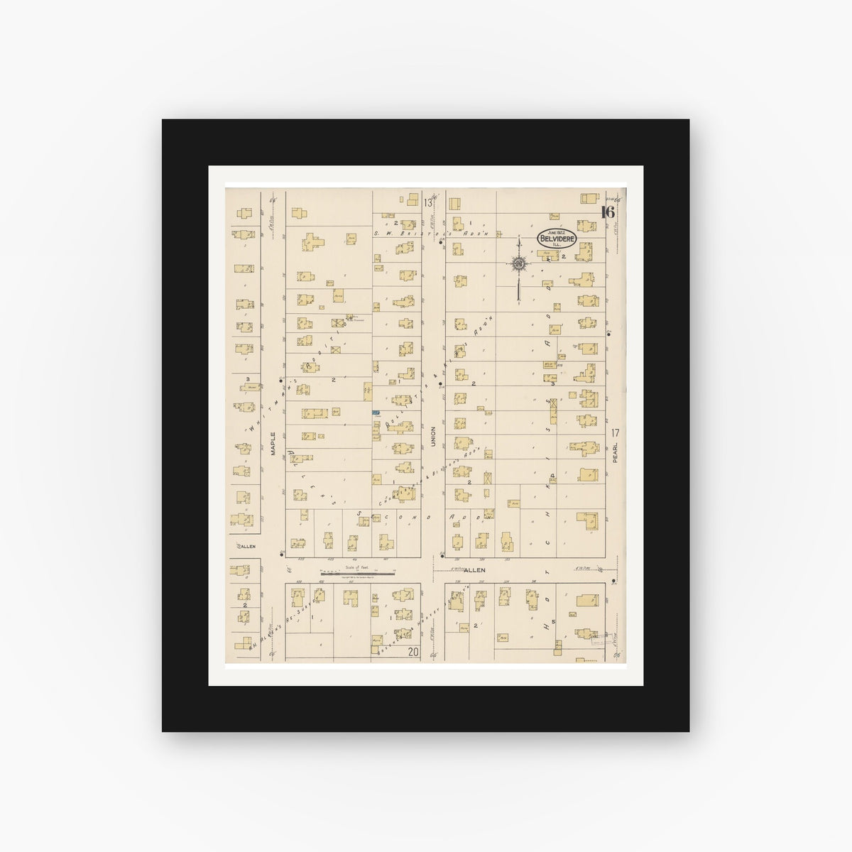 Old map wall art mockup — black gallery frame with white mat — Sanborn Fire Insurance Map from Belvidere, Boone County, Illinois (1922), Sheet #0016