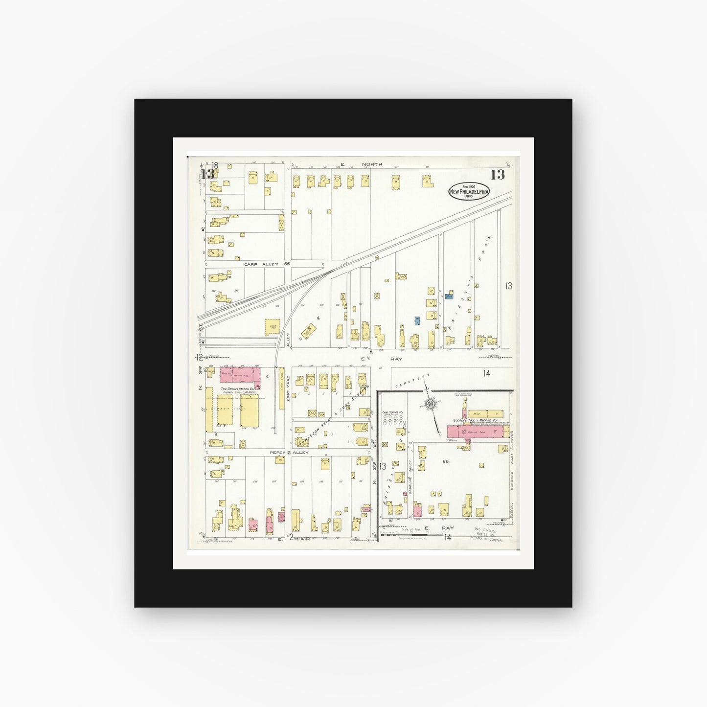Old map wall art mockup — black gallery frame with white mat — Sanborn Fire Insurance Map from New Philadelphia, Tuscarawas County, Ohio (1926), Sheet #0013
