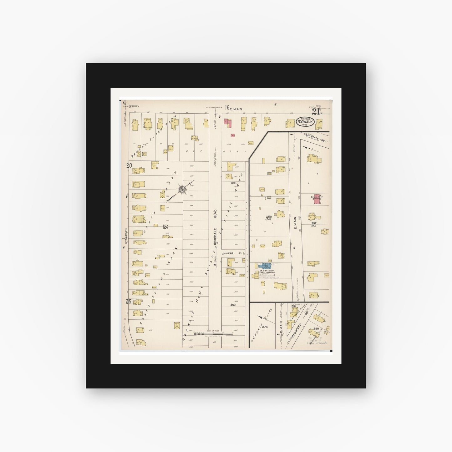 Old map wall art mockup — black gallery frame with white mat — Sanborn Fire Insurance Map from Norwalk, Huron County, Ohio (1922), Sheet #0021
