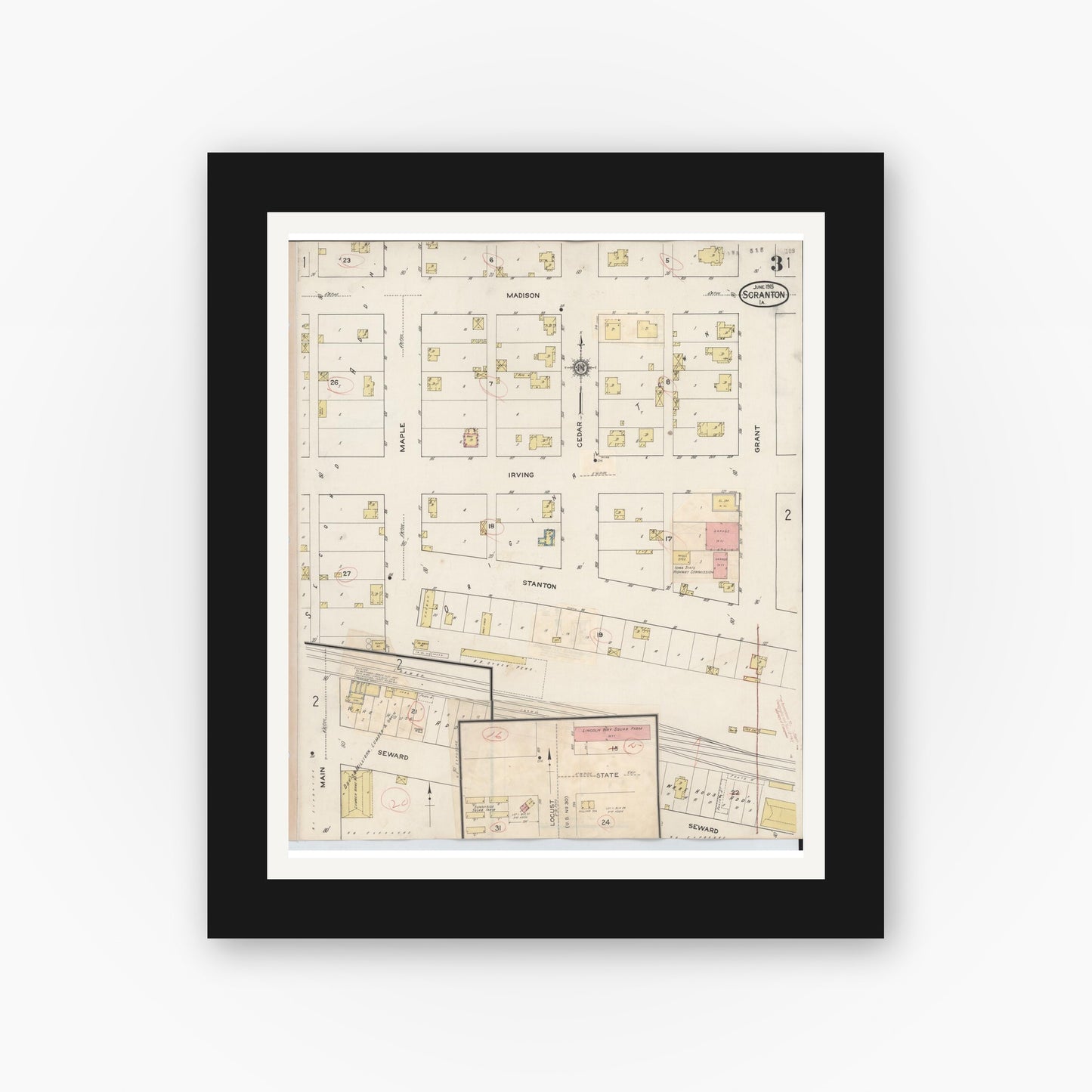Old map wall art mockup β black gallery frame with white mat β Sanborn Fire Insurance Map from Scranton, Greene County, Iowa (1932), Sheet #0003