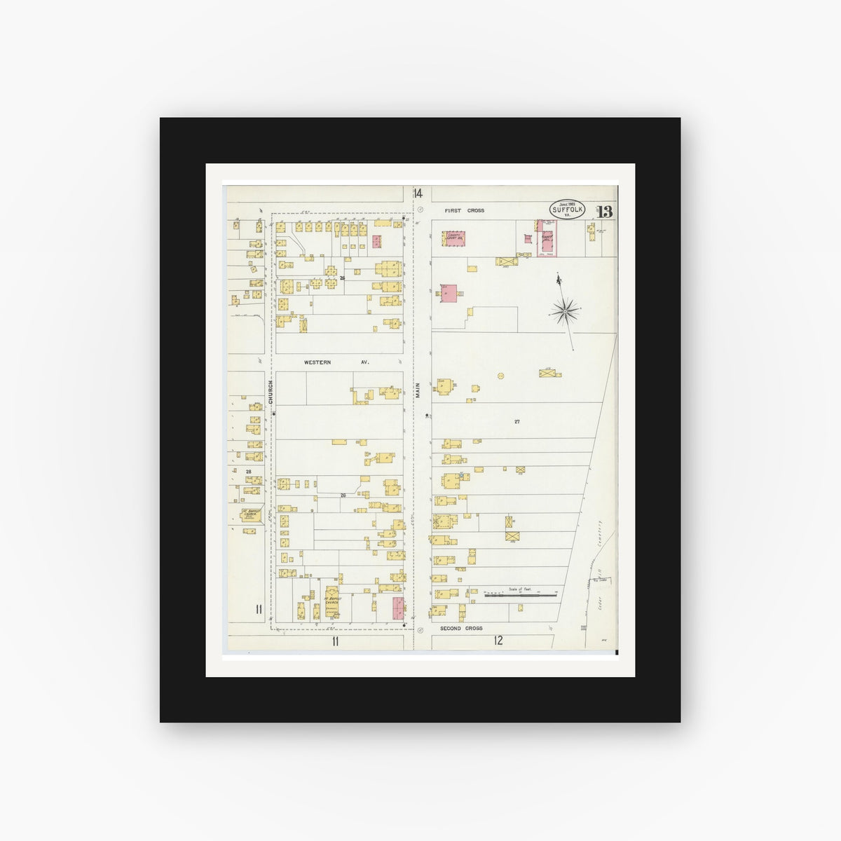 Old map wall art mockup — black gallery frame with white mat — Sanborn Fire Insurance Map from Suffolk, Independent Cities, Virginia (1903), Sheet #0013