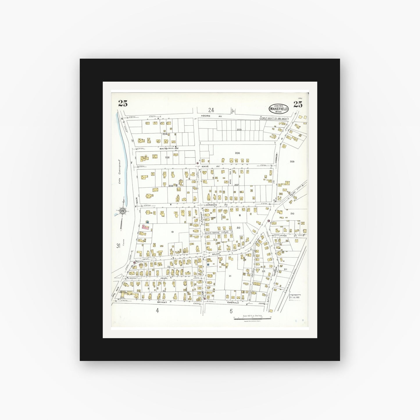 Old map wall art mockup — black gallery frame with white mat — Sanborn Fire Insurance Map from Wakefield, Middlesex County, Massachusetts (1923), Sheet #0025