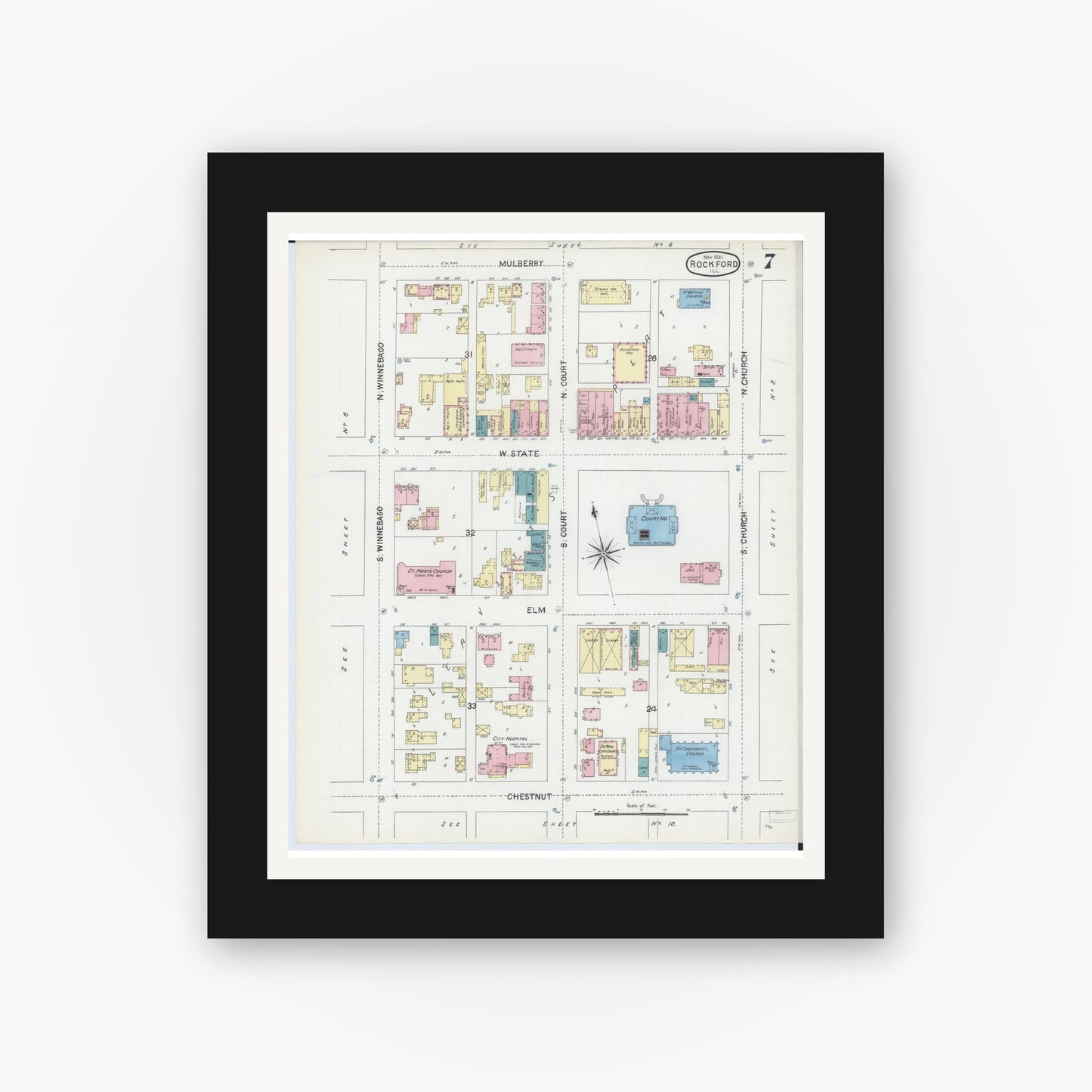 Old map wall art mockup — black gallery frame with white mat — Sanborn Fire Insurance Map from Rockford, Winnebago County, Illinois (1891), Sheet #0007