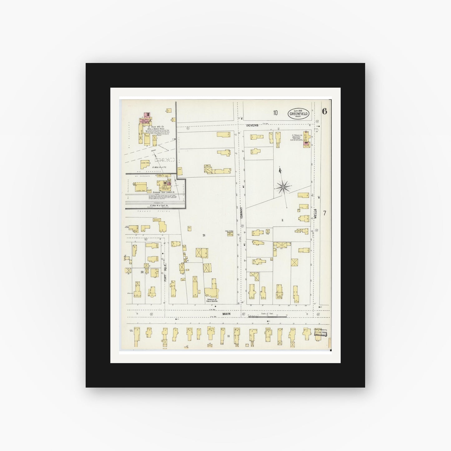 Old map wall art mockup — black gallery frame with white mat — Sanborn Fire Insurance Map from Greenfield, Franklin County, Massachusetts (1902), Sheet #0006