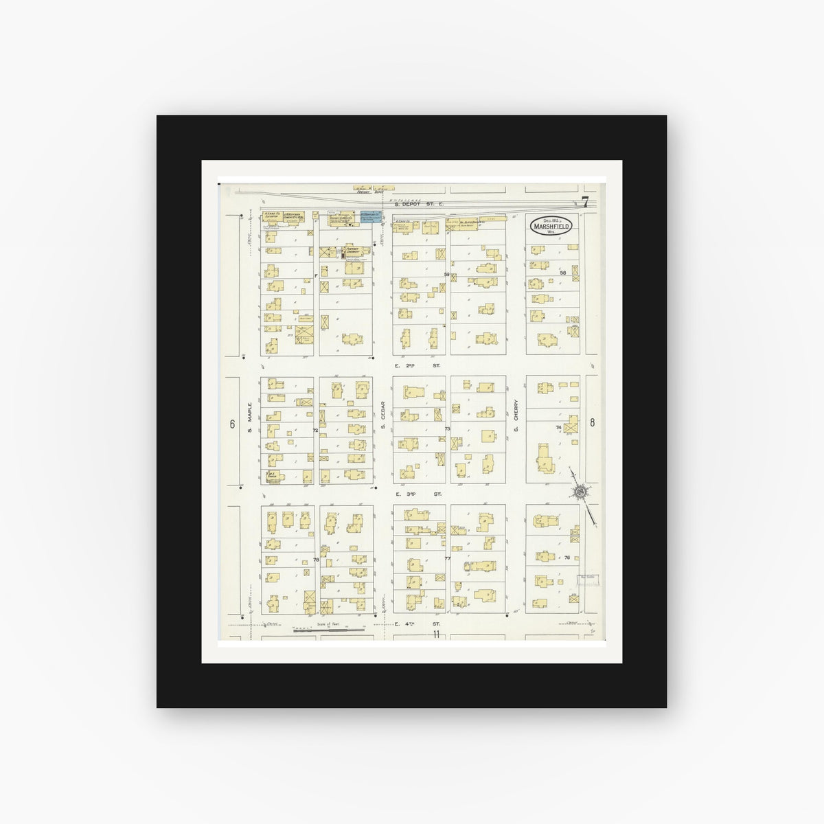 Old map wall art mockup — black gallery frame with white mat — Sanborn Fire Insurance Map from Marshfield, Wood County, Wisconsin (1912), Sheet #0007