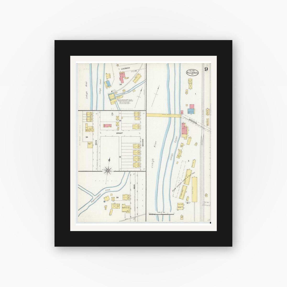 Old map wall art mockup β black gallery frame with white mat β Sanborn Fire Insurance Map from Alliance, Northampton County, Pennsylvania (1904), Sheet #0009