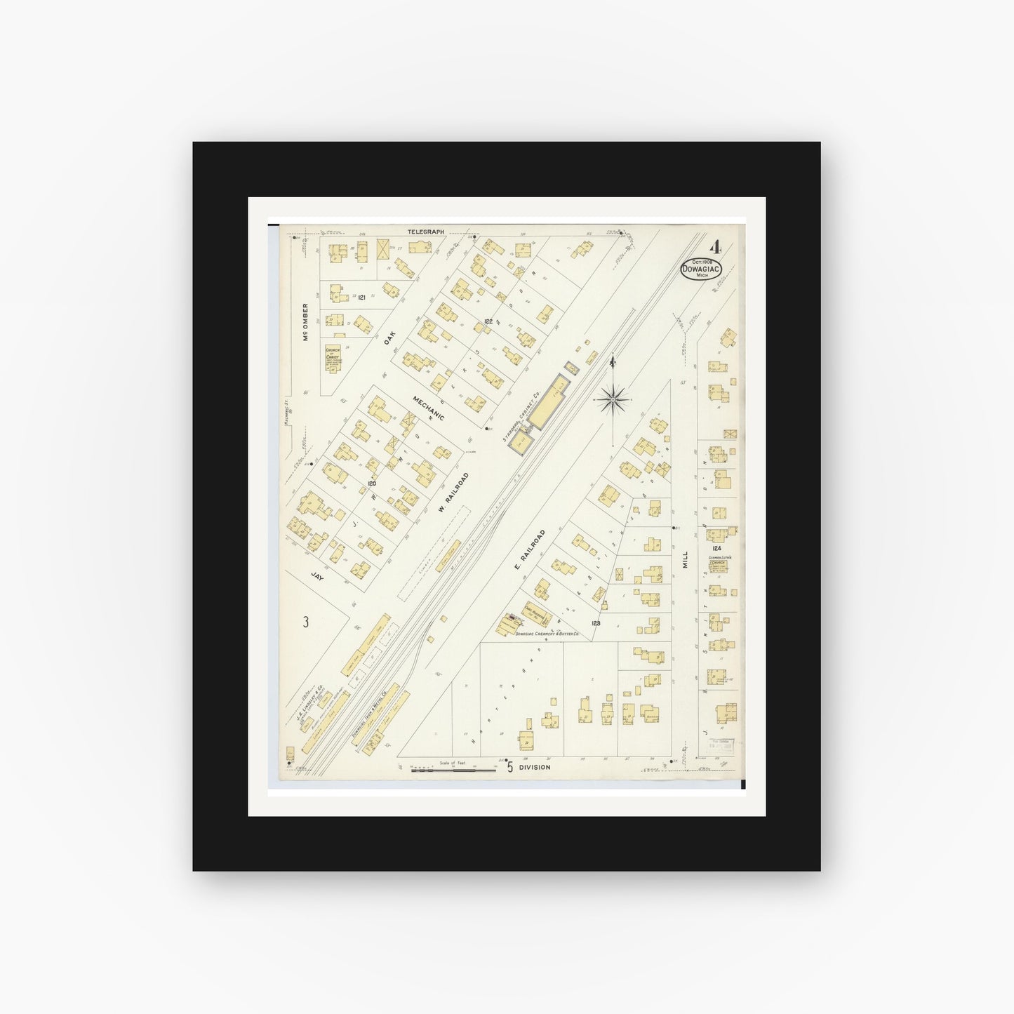 Old map wall art mockup — black gallery frame with white mat — Sanborn Fire Insurance Map from Dowagiac, Cass County, Michigan (1908), Sheet #0004