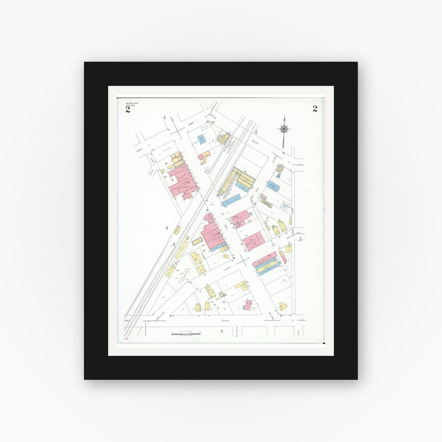 Old map wall art mockup — black gallery frame with white mat — Sanborn Fire Insurance Map from Weston, Wood County, Ohio (1948), Sheet #0002
