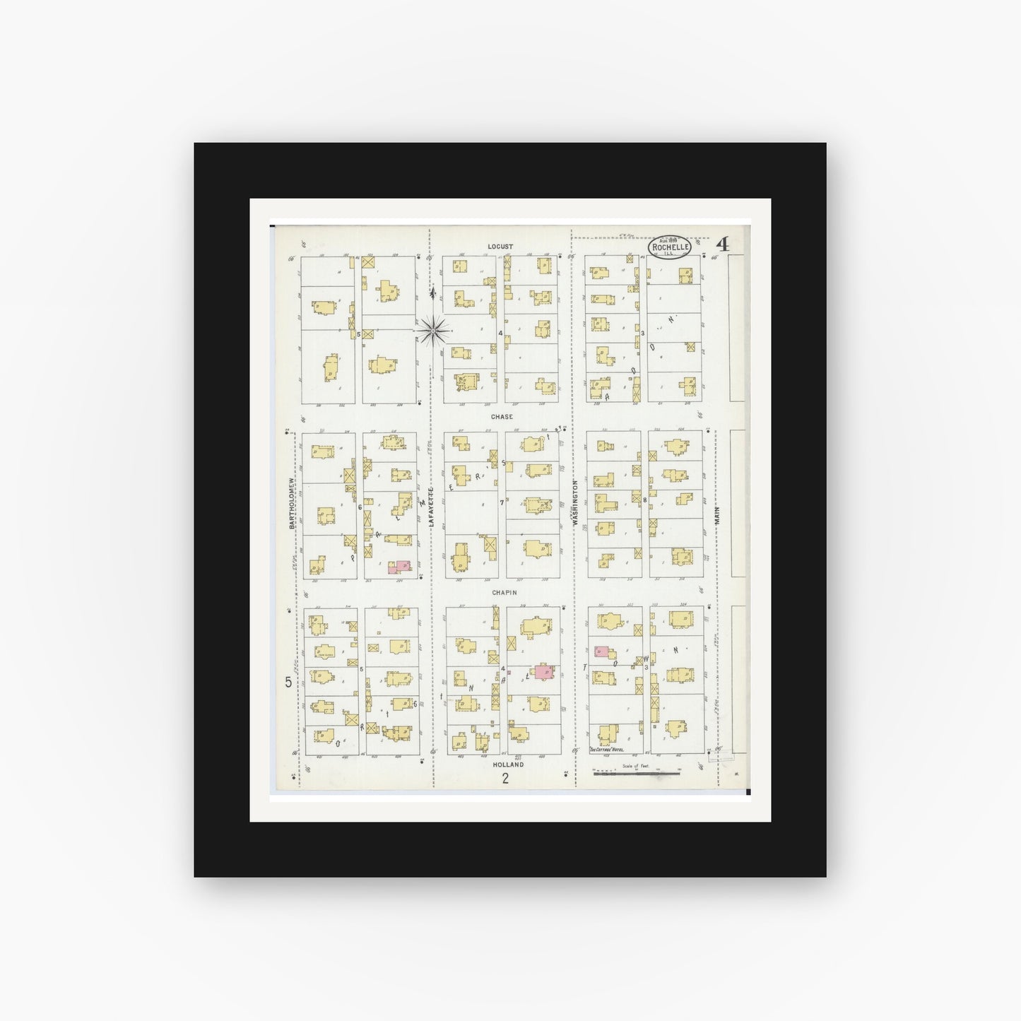 Old map wall art mockup — black gallery frame with white mat — Sanborn Fire Insurance Map from Rochelle, Ogle County, Illinois (1899), Sheet #0004